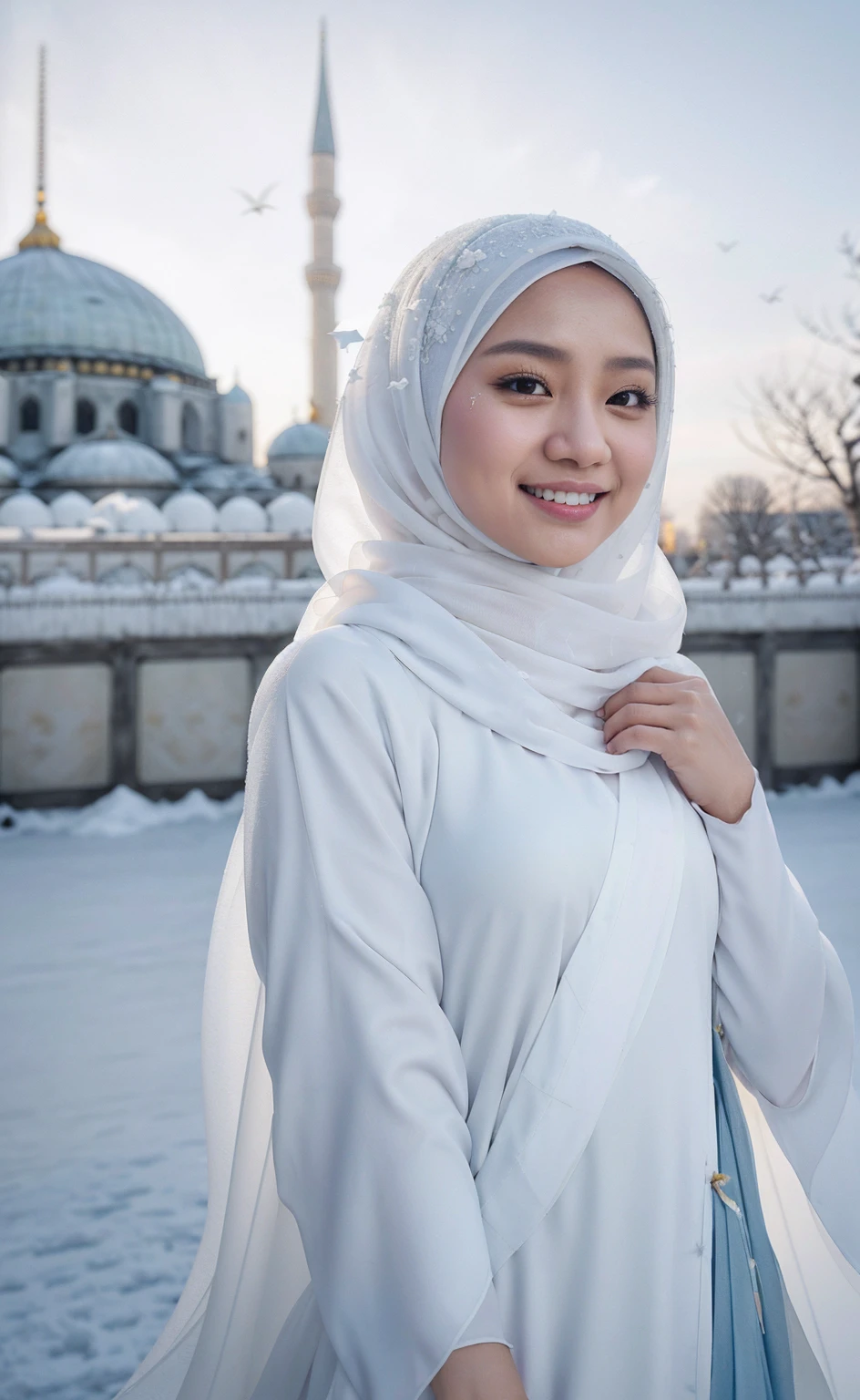 Best quality, 4K picture quality, 1 malay girl in hijab, white Hanfu, snow, long hijab fluttering in the wind, healing smile, large aperture, blurred background, blue mosque in background, lot of white birds flying above, 35mm, Over-the-shoulder shot, vibrant color grading, light leaks, starbursts, epic fantasy