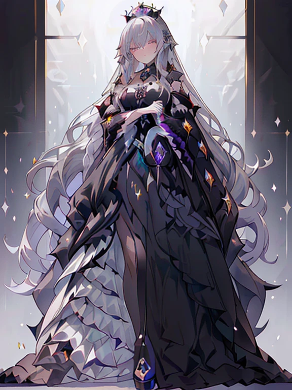 girl,((fluffy silver hair)),((Drill curl long hair)),((Loosely tied:1.2)),((Raven crown and black veil:1.2)),((noble atmosphere)),admiring face,cute,close up of face,(Crown Background:1.3),((Dark Lord:1.4)),((Gorgeous, Dark and gorgeous dress:1.2)),((A finely decorated crystal wand:1.3))
