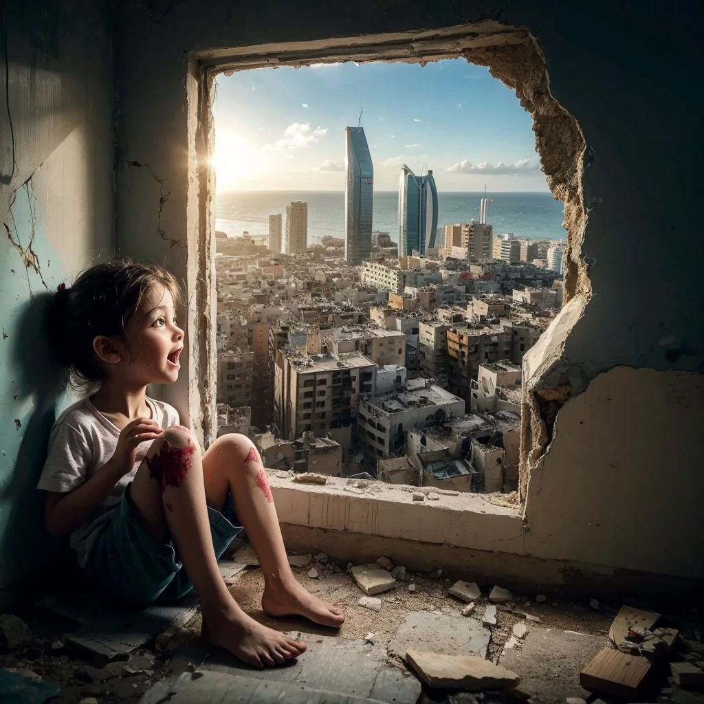 A wounded hides in a room crumbling walls, looking through a broken window with an expression of surprise and joy at the sight of an imagined thriving city outside. The setting is in Gaza, but the cityscape is visualized by the child as beautiful and prosperous, contrasting with the child's current environment. The scene is depicted in a realistic photographic style, capturing the stark contrast between the child's hopeful gaze and the imagined beauty of the city.
