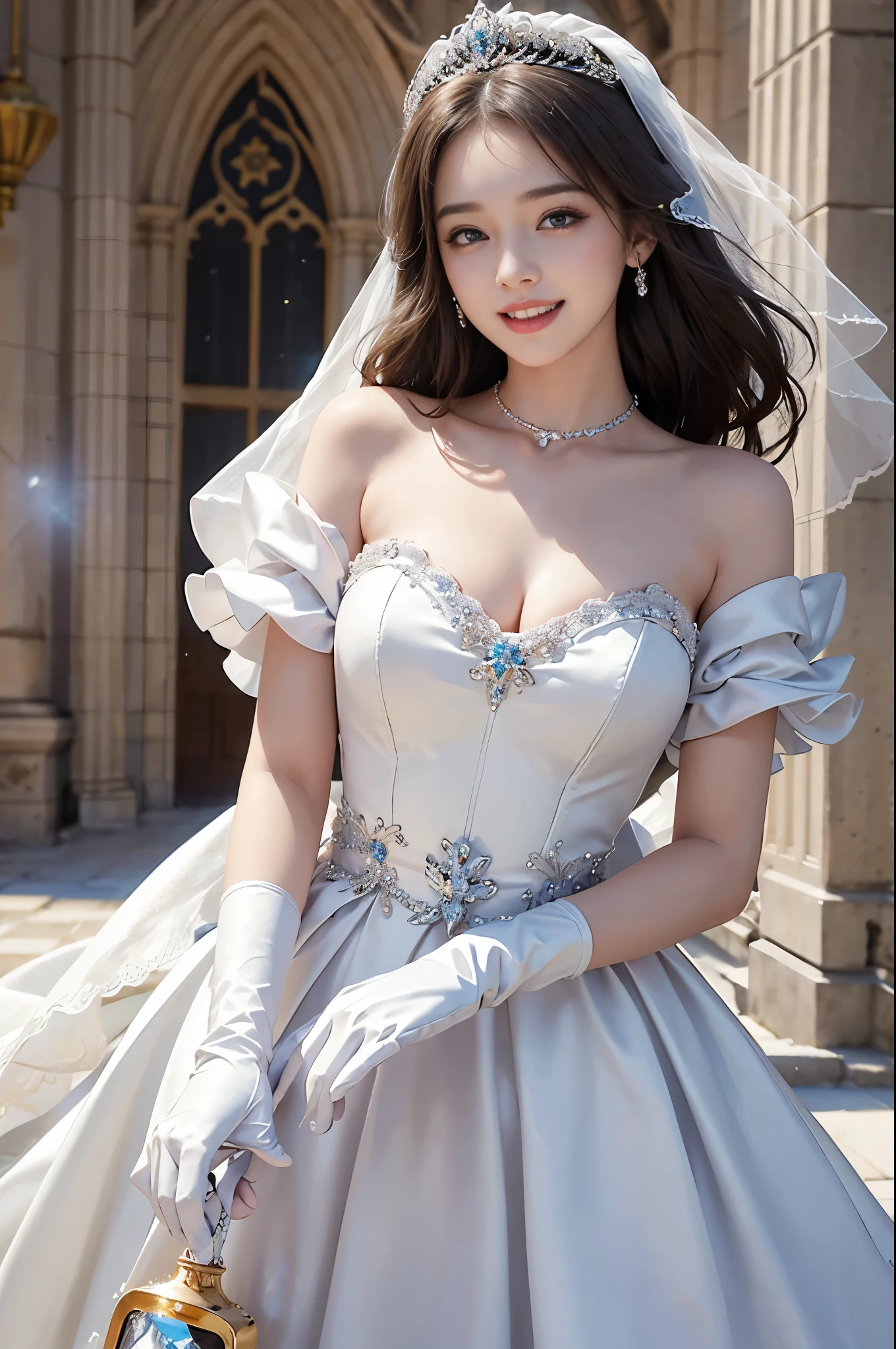 best quality, masterpiece, 1 girl, (huge laugh), cute , shiny lips, sweet, sun glare, Conservative attire, white gloves, Bead material bell-line wedding dress, bridal tiara, depth of field, blurred background, Cathedral Background, light particles, strong wind, head tilt
