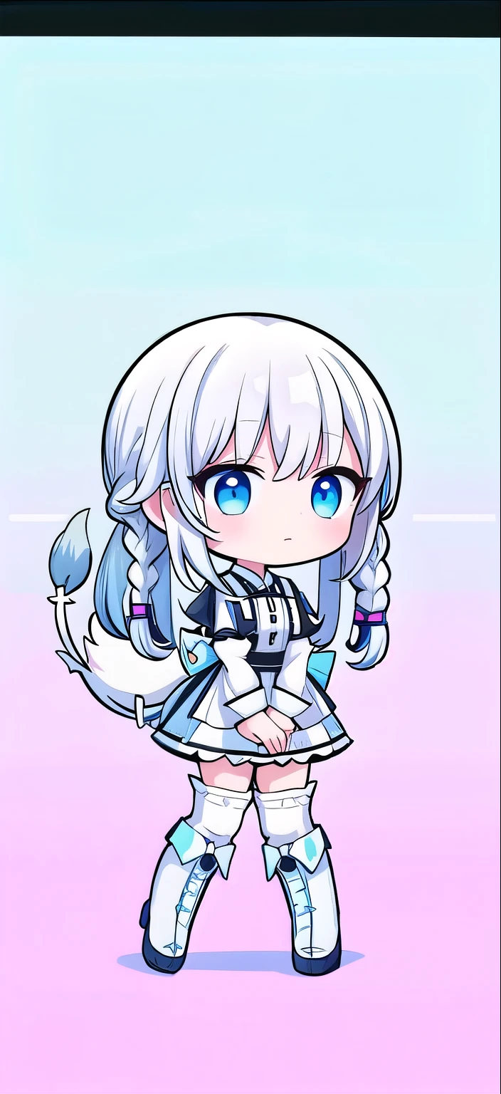 long white hair，maid outfit，white stockings，boots，Tail，braids，blue eyes