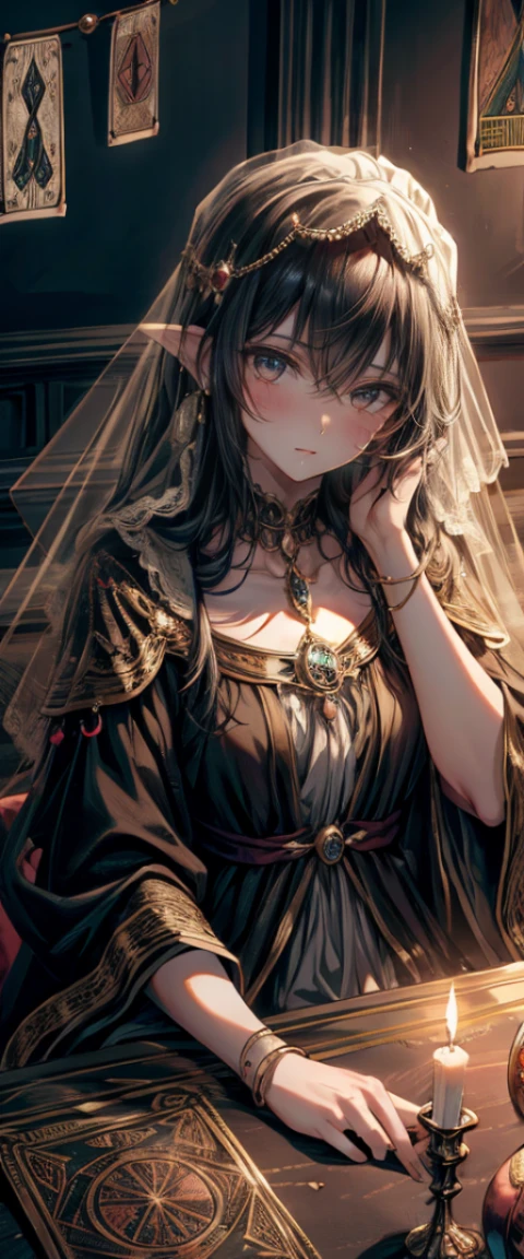 ((masterpiece, highest quality, Highest image quality, High resolution, photorealistic, Raw photo, 8K)), Tarot Cards, Tolkien, Middle Earth, ((Tarot cards laid out on the table:1.5)), (Fortune teller whose face is hidden by a veil:1.5), 8k, highly detailed, hyperrealistic, cinematic lighting, ambient lighting, Bridgette, as fortune teller, earrings, choker, necklace, jewelry, rings, dark lipstick, dark makeup, circlet, sitting behind! a table, one! fortune teller orb on the table, one! skull on the table, candles, in a small dark medieval room,