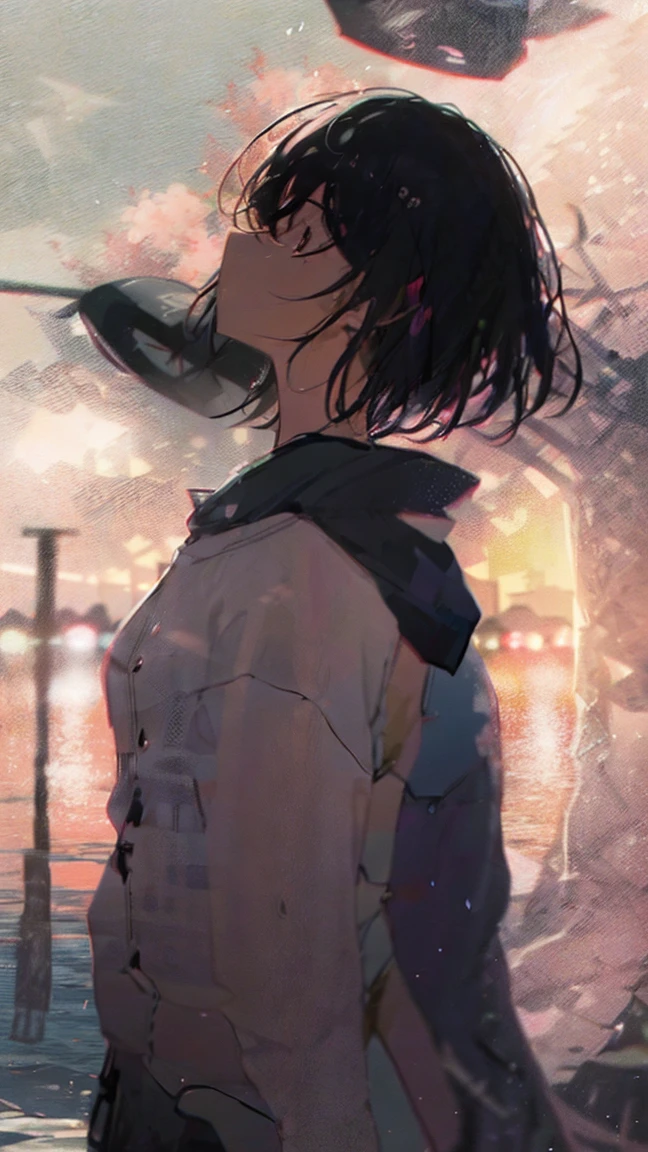 Product illustration of a girl in the rain,cherry blossoms,water中で,water,black hair,short bob,playing in the river