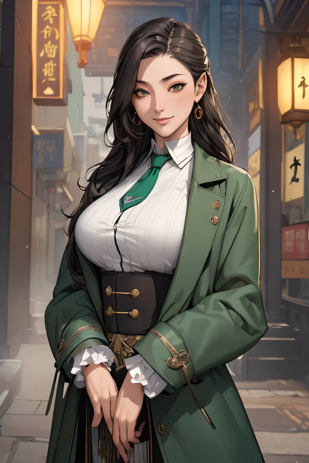 (masterpiece:1.3), (disorganized:1.3), (highest quality:1.3),perfect anatomy,detailed face,Steam punk, victorian era,Hong kong,horizontal angle,hands,looking at viewer, (Super detailed:1.3),(best shadow:0.7), (treated hair), fine eyes, beautiful eyes, 1 matured samurai lady, alone, long hair, big breasts, crystal earrings, light_smile, closed_mouth, arm_behind_return, (green flock coat,white shirt,tie), rest outdoors, cowboy shot,