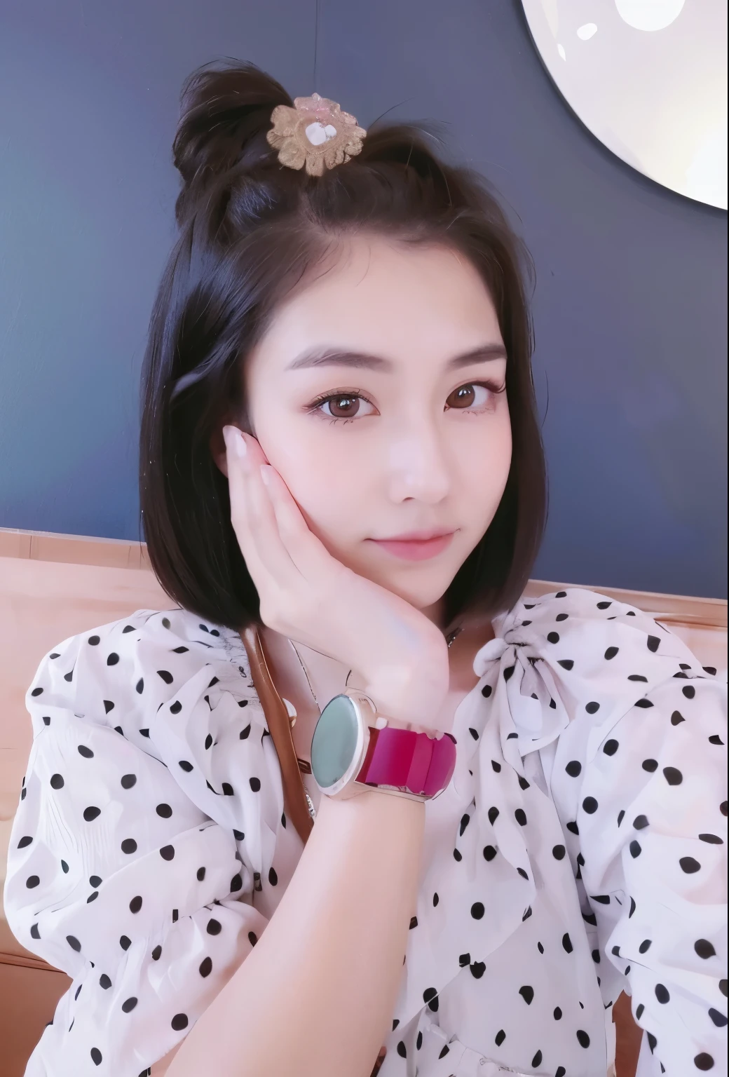 17 year old girl , Dress in anime style , Big eyes , Dark eyebrows , Stand your whole body. , small waist , Her figure is like an hourglass.., hourglass shape , Good shape , black hair, short bobtail hair,high waist shirt,low waist pants,sharp, Realistic picture,wet,realistic eyes,high resolution,The eyesight is the same..,sparkle in eyes