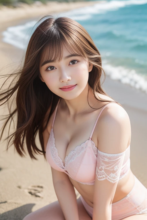 (fine skin:1.2), (shiny skin:1.1),8K,highest quality, masterpiece, ultra high resolution,(realistic:1.4), Raw photo,(Soft saturation:1.3), (Fair skin:1.2),1 Japanese Idol, brown hair, medium hair, beach, Bokeh, beautiful lighting, 20Japan Female、Pastel pink lace underwear、mini skirt、cute smile、Photographed from an oblique angle up to the knees、hair fluttering in the wind、look at camera、small face