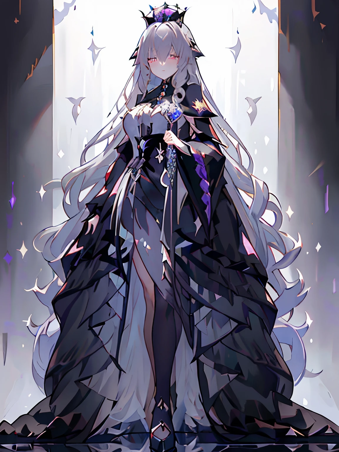 girl,((fluffy silver hair)),((Drill curl long hair)),((Loosely tied:1.2)),((Raven crown and black veil:1.2)),((noble atmosphere)),admiring face,cute,close up of face,(Crown Background:1.3),((Dark Lord:1.4)),((Gorgeous, Dark and gorgeous dress:1.2)),((A finely decorated crystal wand:1.3))