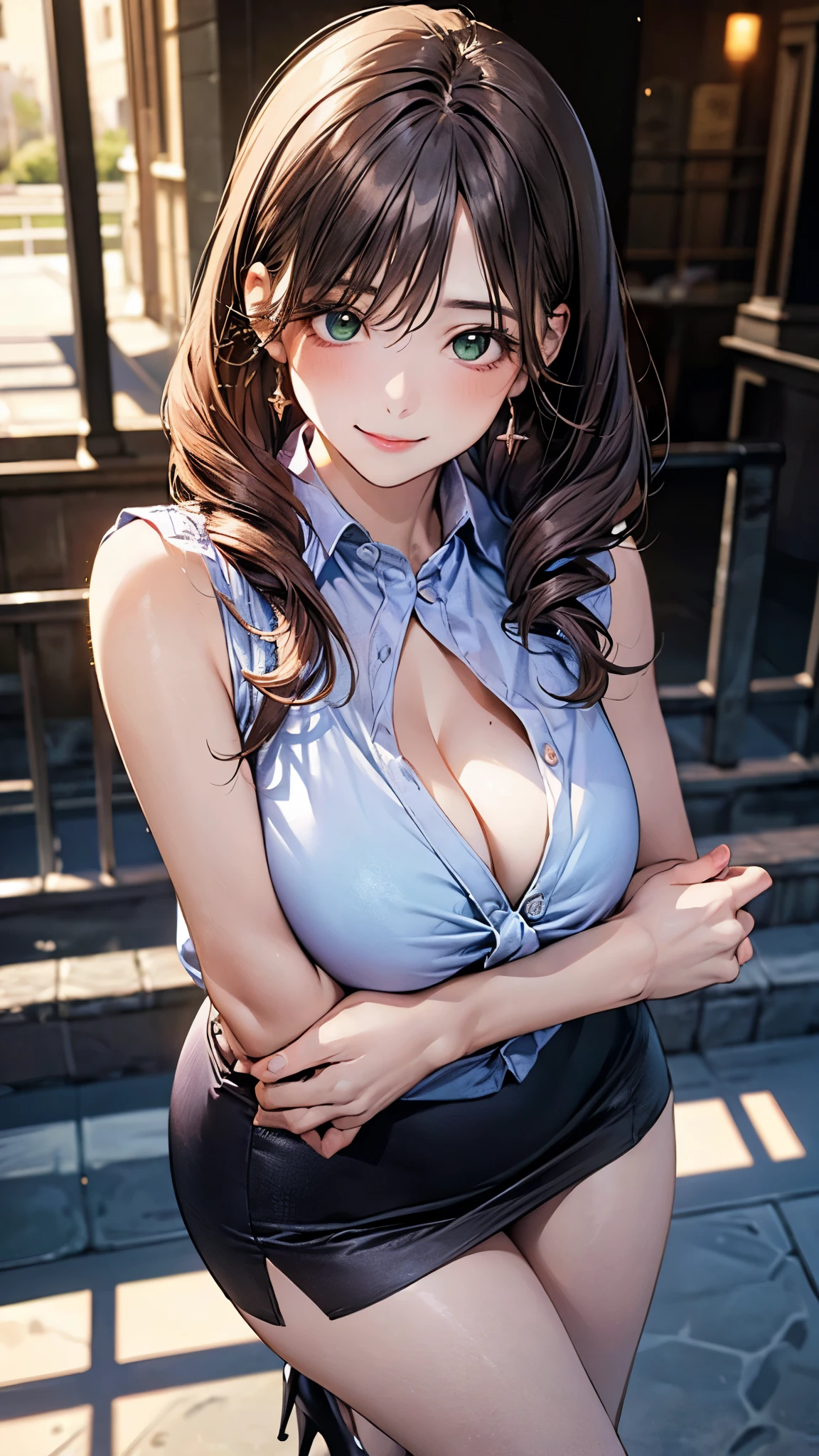 (masterpiece:1.2, top-quality), (realistic, photorealistic:1.4), beautiful illustration, (natural side lighting, movie lighting),
looking at viewer, cowboy shot, front view:0.6, 1 girl, japanese, high school girl, perfect face, cute and symmetrical face, shiny skin,
(long hair:1.8, drill hair:1.7, dark brown hair), hair between eye, emerald green eyes, long eye lasher, (large breasts:0.9, thick thighs),
beautiful hair, beautiful face, beautiful detailed eyes, beautiful clavicle, beautiful body, beautiful chest, beautiful thigh, beautiful legs, beautiful fingers,
((light purple sleeveless collared shirts, cleavage, black tight mini skirt, high heels)), pink panties,
(beautiful scenery), evening, riverside, walking, hands on chest, (lovely smile, upper eyes),