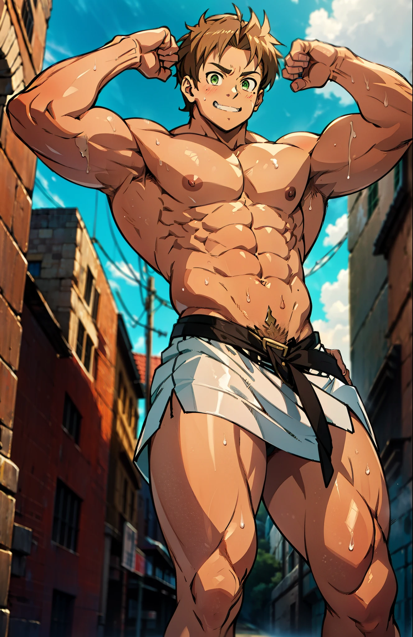 Showing off his muscular muscular back, red skin, bright red skin, the boy blushed shyly , rosy skin, shiny skin(muscular thigh muscles )( anime style, art) (photo angle from bottom up) (photo angle from the ground upwards) [Anime photo][highest quality photo][4k,HD photo quality ] wear tight and short loincloths , bulging loincloths, torn loincloths, wet loincloths, ancient, dirty loinclothuscular thigh muscles, firm thigh muscles, muscular thigh muscles, sinewy thigh muscles, giant thigh muscles, strong leg muscles, muscular hamstring leg muscles)(thigh muscles bulging as if about to explode, muscular, calloused, sinewy, giant) , Rudeus Greyrat,fun, happy, huge body, muscular and muscular, bodybuilder, bodybuilding, standing, lots of sweat flowing down, topless, shirtless, hot sunny, 8 pack abs , short hair , green eyes,  Raise your arms high to reveal your armpits, Hands behind the head. Below view.