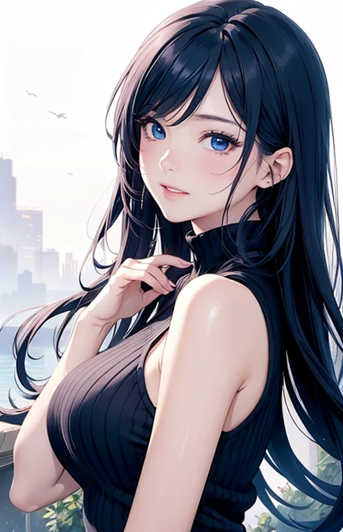 masterpiece、highest quality、High resolution、high quality images、8K, 1 female、skin luster、Texture of skin and clothing、Expression of fine eyes、shiny blue hair,Girl with long blue hair, Manga inspired by Lee Jong-suk, trending on deviantart, realism, detailed manga style, manga art style, perfect line drawing, beautiful line drawing, digital manga art girl, K-POPアイドル, dress, beautiful blue eyes, plump lips, detailed gorgeous face, (cute smile), charm, innocent, Side view, (perfectly detailed face), (fine hands) photorealistic images, Depth of written boundary, half up hairstyle, (Dark blue turtleneck sleeveless knit)、pencil skirt , corolla , cloud,sky sky,night ,star, garden,Rose,The skin is delicate,建物の前にはBlue Roseが咲いている, rose background, rosette, beautiful flower garden, Pastel Roses, blue flower, beautiful and aesthetic, Heavenly Blue, beautiful aesthetics, Pale blue shade, shades of blue, lying on a rose, rose background, pastel overflow, Blue Rose