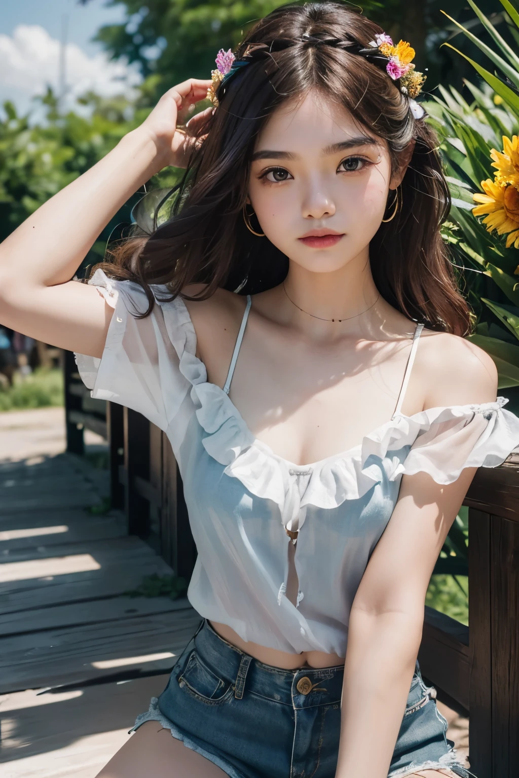 (8k, highest quality, ultra detailed:1.37), (Dina), 18yo, (a free-spirited Javanese girl), embraces the bohemian festival atmosphere. She wears a summer dress top with denim shorts and accessorizes with flowers and beads. Her brown hair in a crown braids was swept up in loose curls that tumbled down her back. The high-resolution image captures ultra-detailed realism, highlighting Dina's captivating eyes, long eyelashes, and smooth complexion. The vibrant festival setting adds an energetic and colorful backdrop to showcase Dina's carefree and artistic personality.