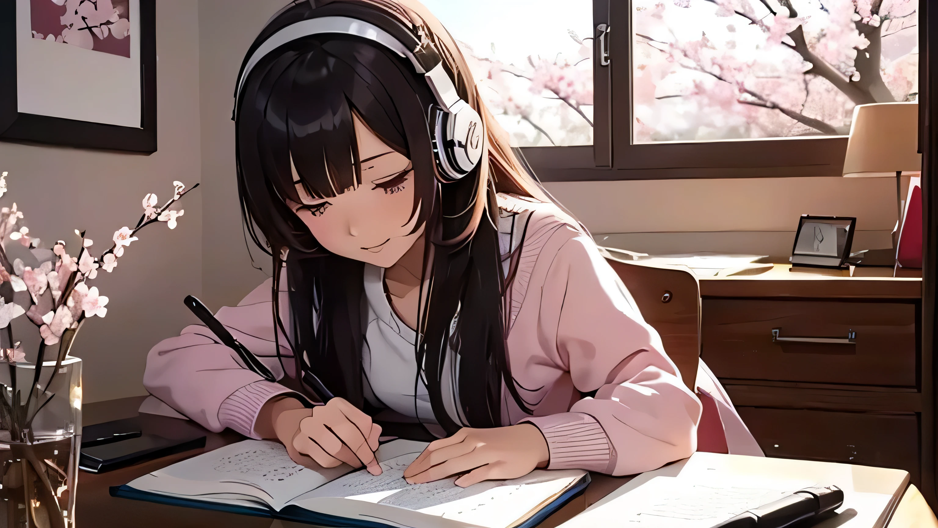 A beautiful girl studying in her room listening to music with headphones, warm lighting, outside the room cherry blossoms are blooming, Japanese anime style