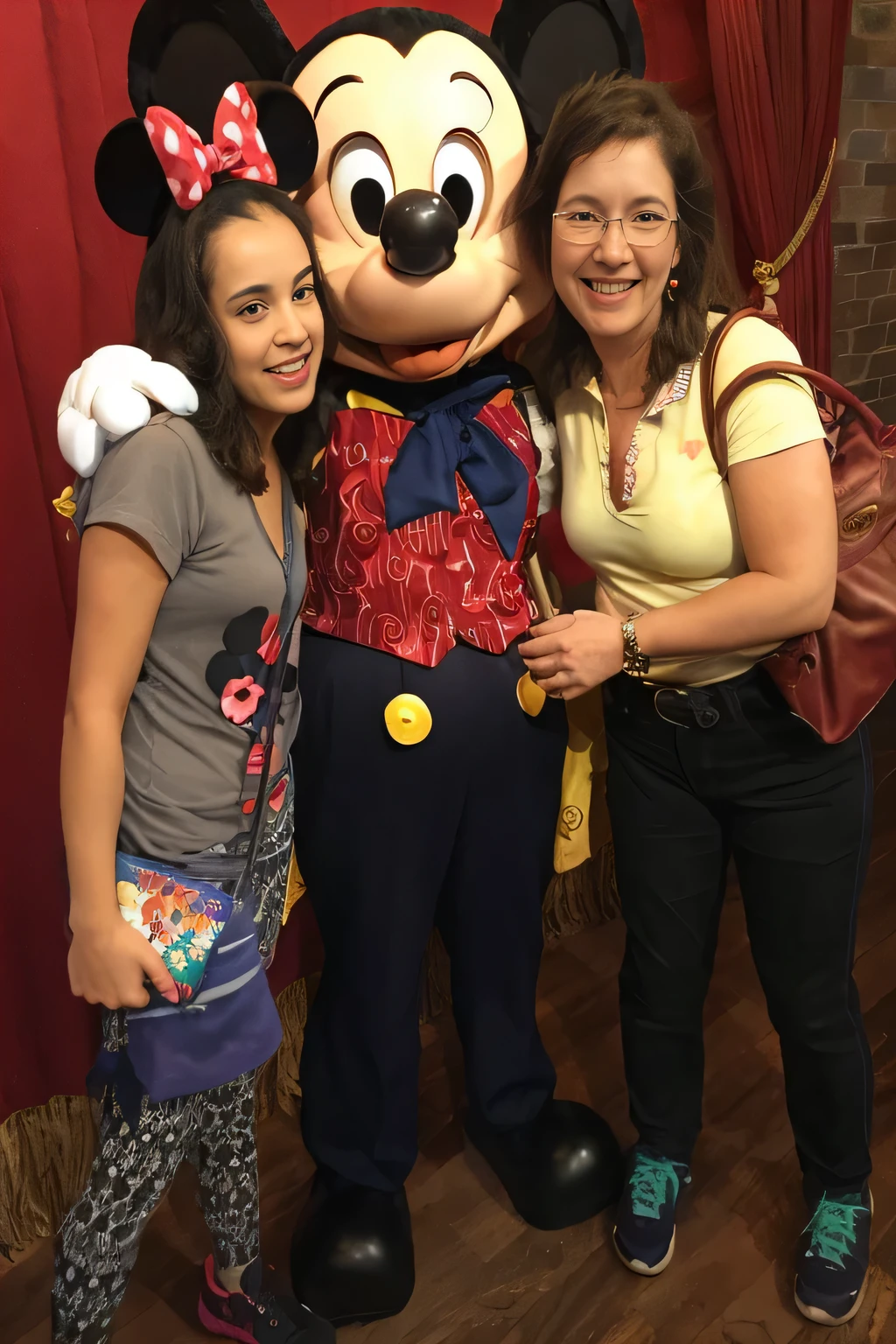 woman and two girls pose with minnie mouse at a , in disney, mickey mouse, at california adventure, disney artist, usa-sep 20, disney!!, minnie mouse, disney land, disney world, disneyland, magic kingdom, sidney lugo, walt disney world, disney!!!!, by Tom Wänerstrand, big disney eyes, mickey mouse ears