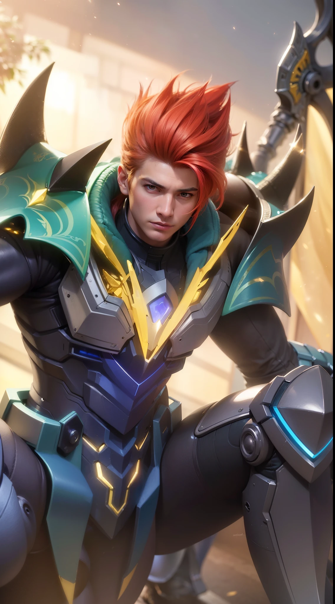 1 boy wears an ear shield, 19 years old, a close up of a person with a sword and armor, kda, gold paladin, portrait of dragoon, dragon knight, mobile legends, sigma male, artgrem, 8k, ultra hd, ultra detailed texture, hyper realistic, masterpiece, detailed texture, detailed face, detailed skin, detailed lighting, (photorealistic:1.5), best quality, beautiful lighting, cinematic lighting, professional lighting, ultra highres, realistic, detailed hair, real hair, high quality, (realskin:1.5), extremely detailed, finely detail, ultra-detailed, strong red eyes, glare.