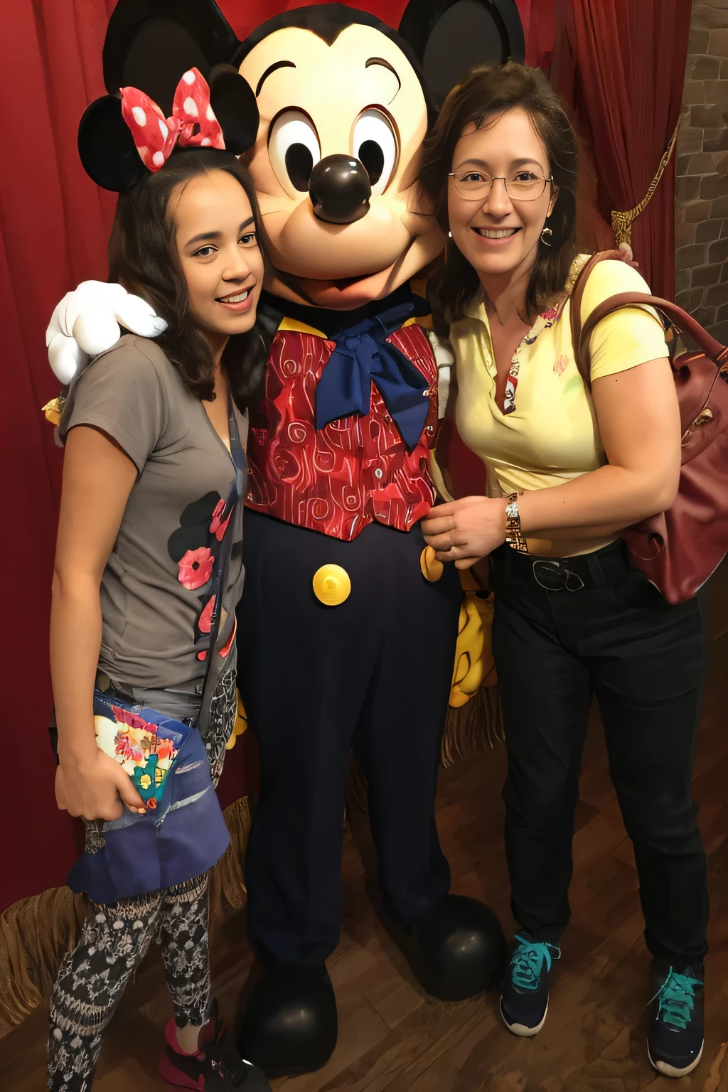 woman and two girls pose with minnie mouse at a , in disney, mickey mouse, at california adventure, disney artist, usa-sep 20, disney!!, minnie mouse, disney land, disney world, disneyland, magic kingdom, sidney lugo, walt disney world, disney!!!!, by Tom Wänerstrand, big disney eyes, mickey mouse ears