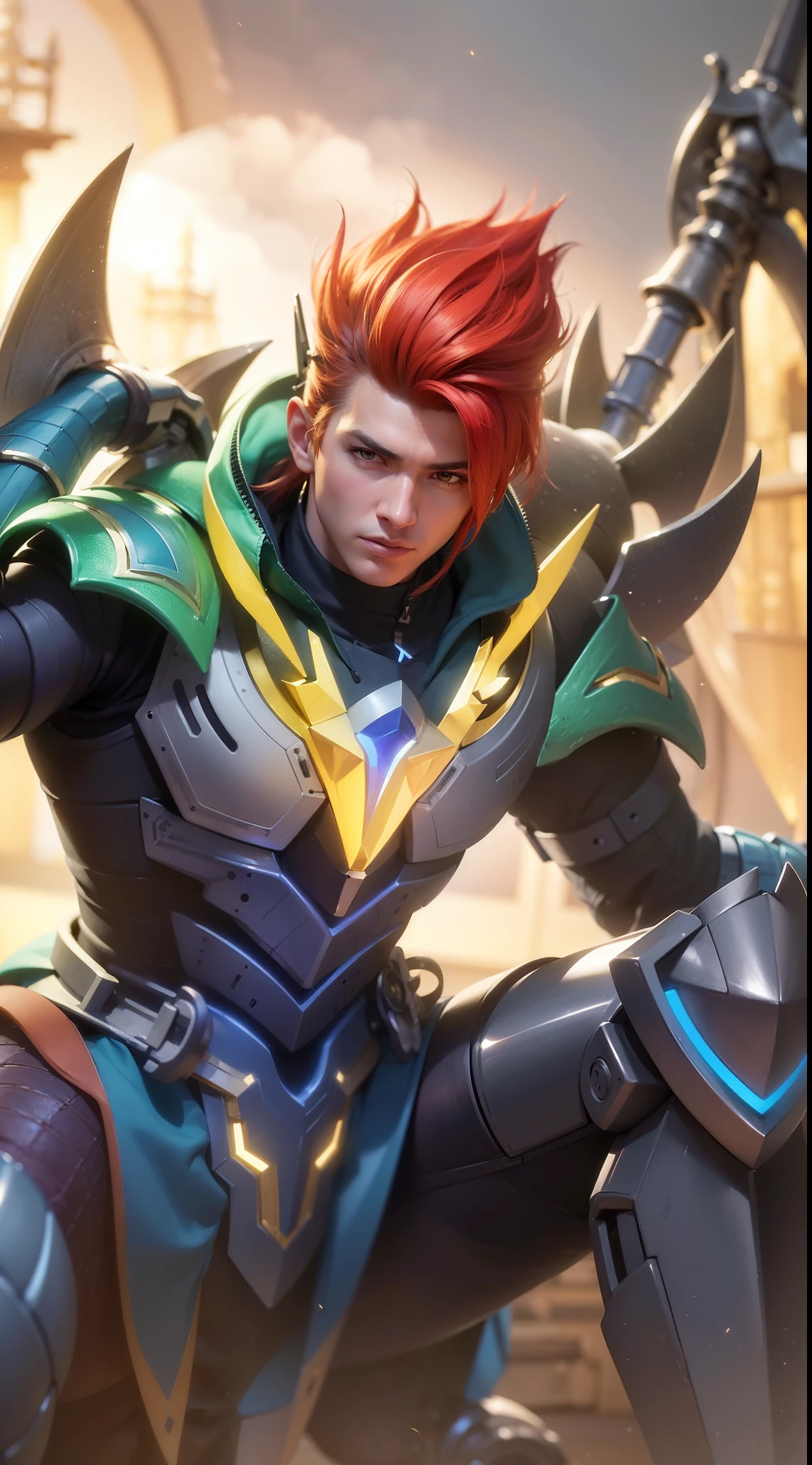 1 boy wears an ear shield, 19 years old, a close up of a person with a sword and armor, kda, gold paladin, portrait of dragoon, dragon knight, mobile legends, sigma male, artgrem, 8k, ultra hd, ultra detailed texture, hyper realistic, masterpiece, detailed texture, detailed face, detailed skin, detailed lighting, (photorealistic:1.5), best quality, beautiful lighting, cinematic lighting, professional lighting, ultra highres, realistic, detailed hair, real hair, high quality, (realskin:1.5), extremely detailed, finely detail, ultra-detailed, strong red eyes, glare.