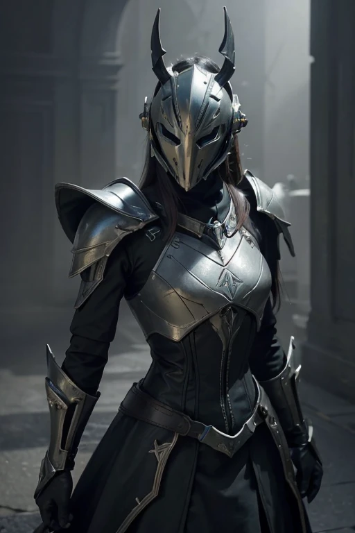(masterpiece:1.2), highest quality, High resolution, unity 8k wallpaper, (figure:1.0), beautiful, very detailed, perfect lighting, very detailed CG,shine eyes,Backlight, , armor, Counterfeit_horn, shine, full_armor,warframe,humanoid_robot,horn,Helmet,mask,sample_background,arms, monster, green_armor,, looking at the viewer,alone,perspective,black dress,黒い牛のhorn,red ribbon