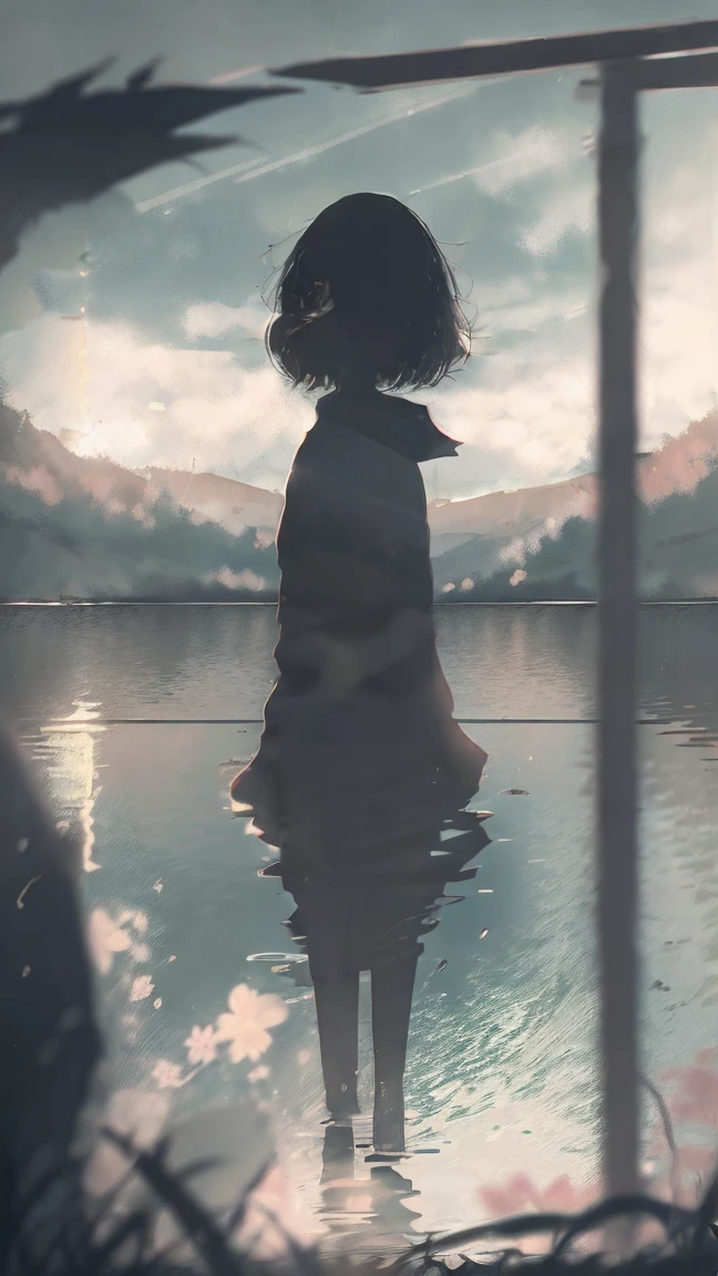 Product illustration of a girl in the rain,cherry blossoms,water中で,water,black hair,short bob,playing in the river,sitting