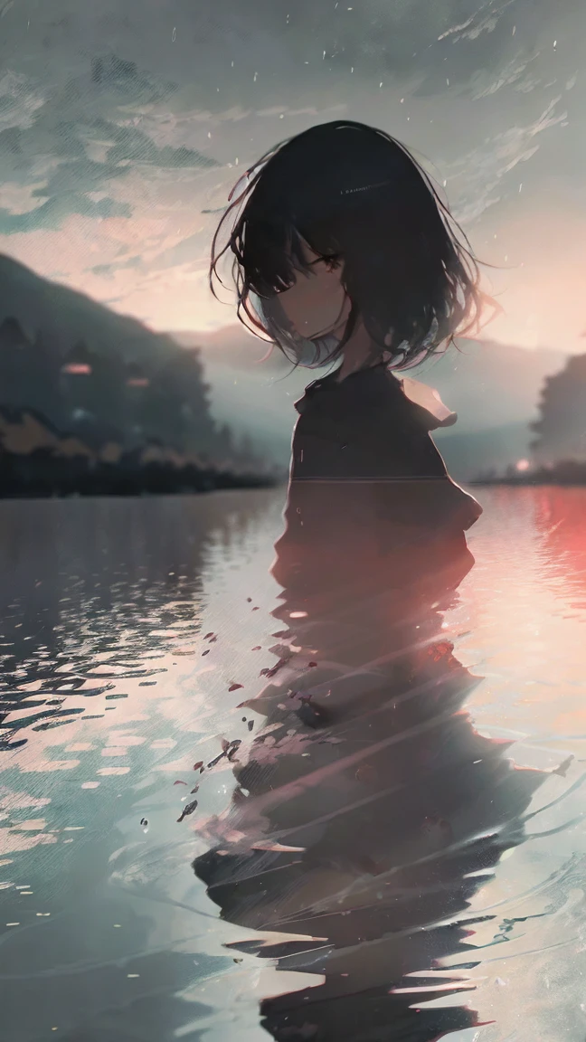 Product illustration of a girl in the rain,cherry blossoms,water中で,water,black hair,short bob,playing in the river,sitting