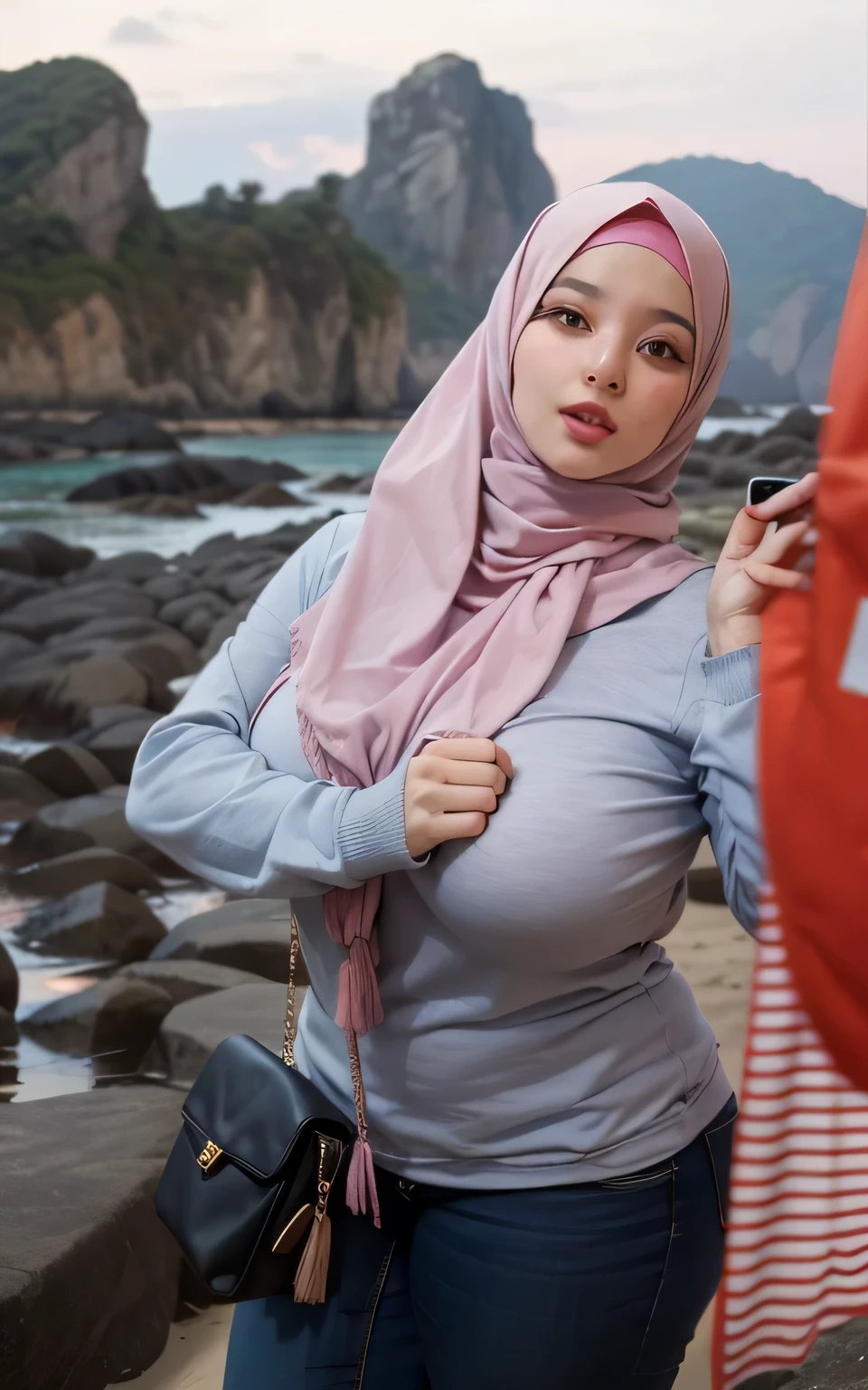 Large Busty women standing next to each other on a rocky beach, background blur, old picture, on beach, leaked photo, hijab, picture, low quality photograph, vacation photo, colored photo, at a beach, selfie photo, coloured photo, low quality photo, happy friend, zenra taliyah, faridah malik, potrait, inspired by Naza, foto realistic