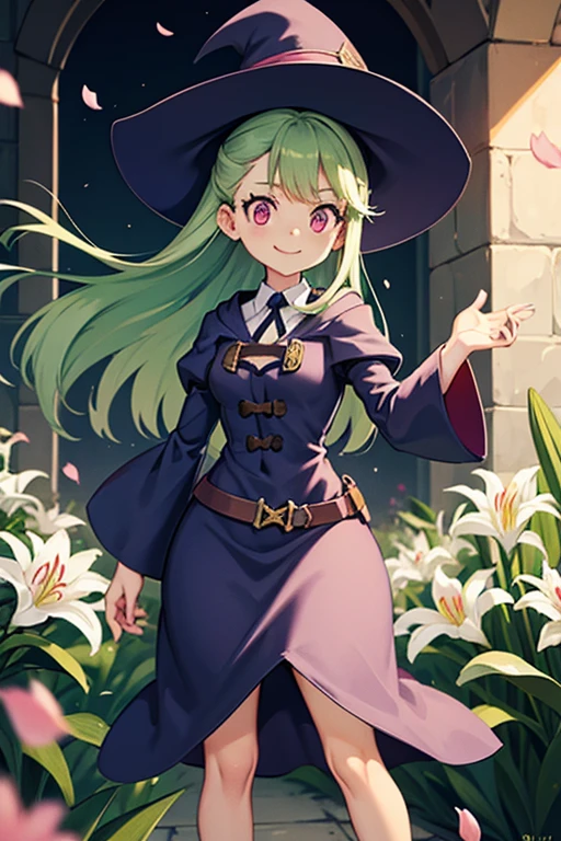 a light green haired female witch with pink eyes with an hourglass figure wearing a conservative Victorian dress is smile in a flurry of Lily petals