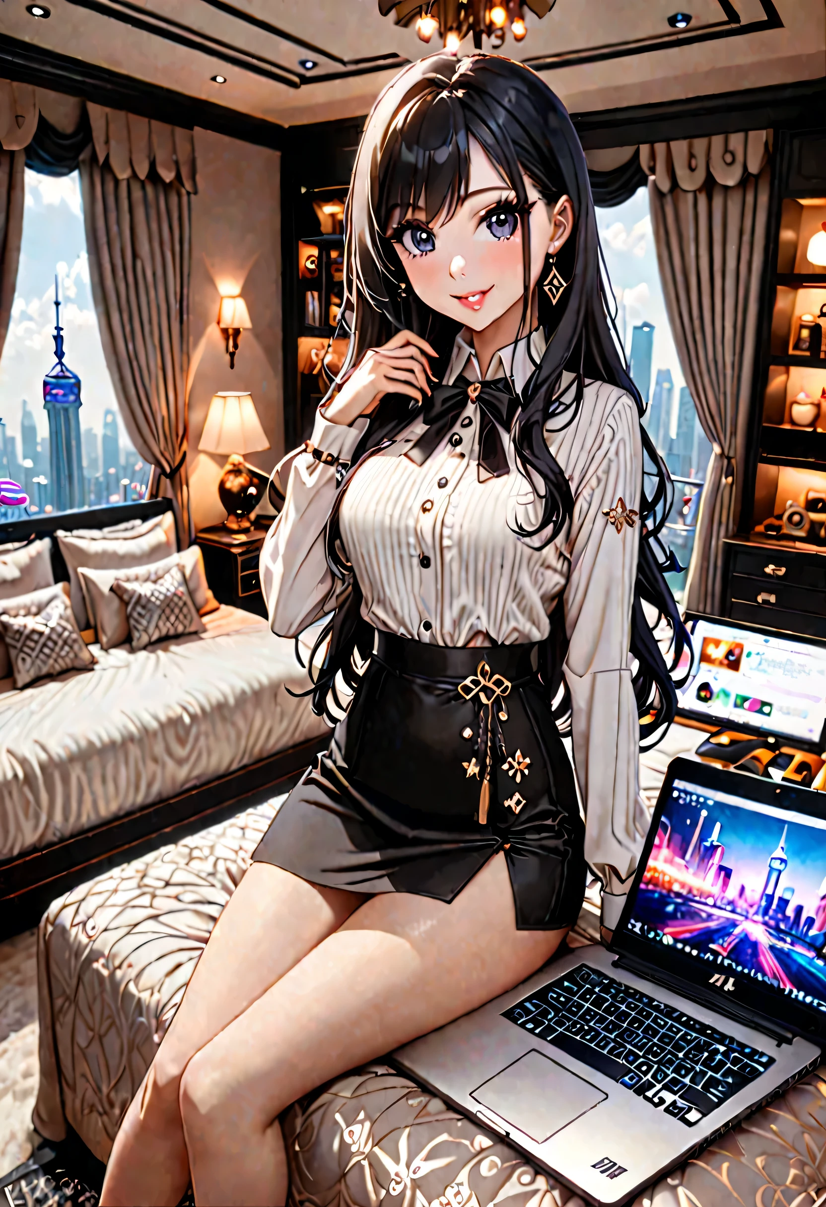 1 girl,Girl, 25 years old, long black hair, big eyes, sexy small lips, tall and slender figure, stylish and beautiful, charming and radiant, movie star,luxury apartment bedroom,laptop,computer opens webpage,a big smile,(third-person perspective: half-body),4k,8k,best quality, masterpiece,Modern cities, wealthy and prosperous, high-tech, skyscrapers towering,china shanghai,