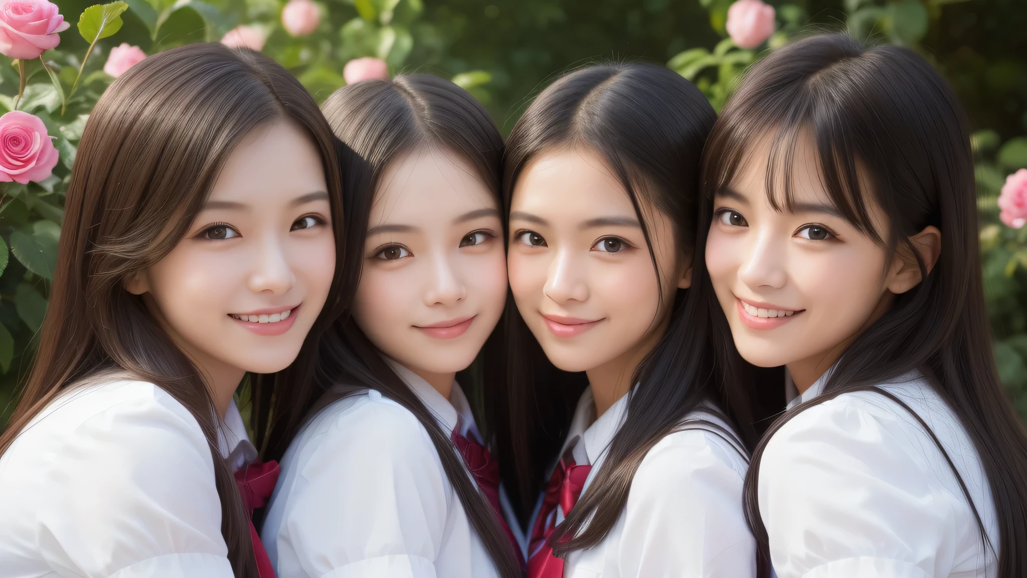(1girl), (short hair:1.2), (big smile), beautiful face, Amazing face and eyes, delicate, (Best Quality:1.4), (Ultra-detailed), (extremely detailed beautiful face), (princess hair cut style), cute smile, brown eyes, (highly detailed Beautiful face), (short sleeves school uniform:1.3), (extremely detailed CG unified 8k wallpaper), Highly detailed, High-definition raw color photos, Professional Photography, Realistic portrait, evening, Extremely high resolution, smiling, modern, trendy, fashionable, Group photo of high school girls, face close-up, pink Flower field, many rose flowers,