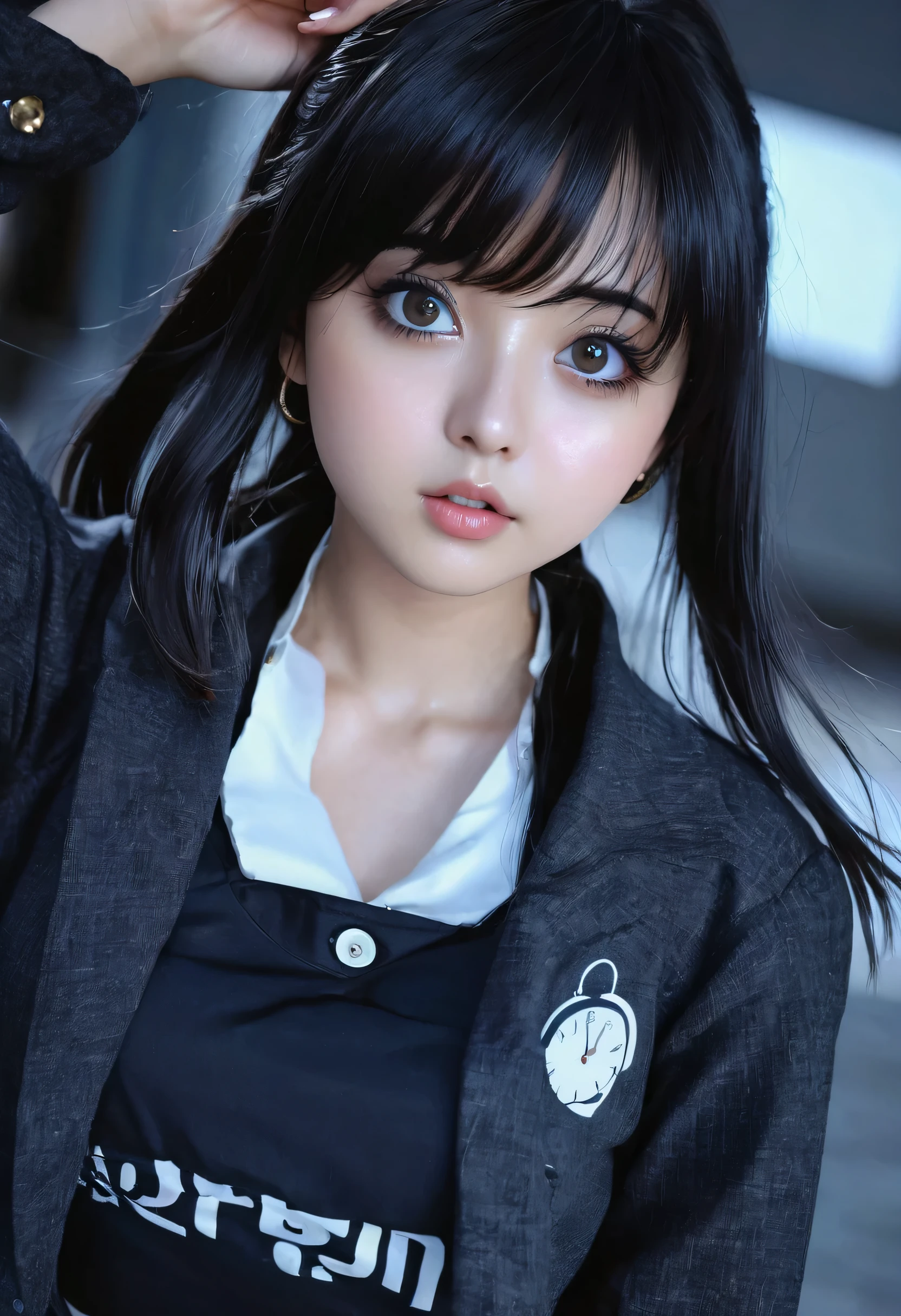 17 year old girl , Dress in anime style , Big eyes , Dark eyebrows , Stand your whole body. , small waist , Her figure is like an hourglass.., hourglass shape , Good shape , black hair, short bobtail hair,high waist shirt,low waist pants,sharp, Realistic picture,wet,realistic eyes,high resolution,The eyesight is the same..,sparkle in eyes
