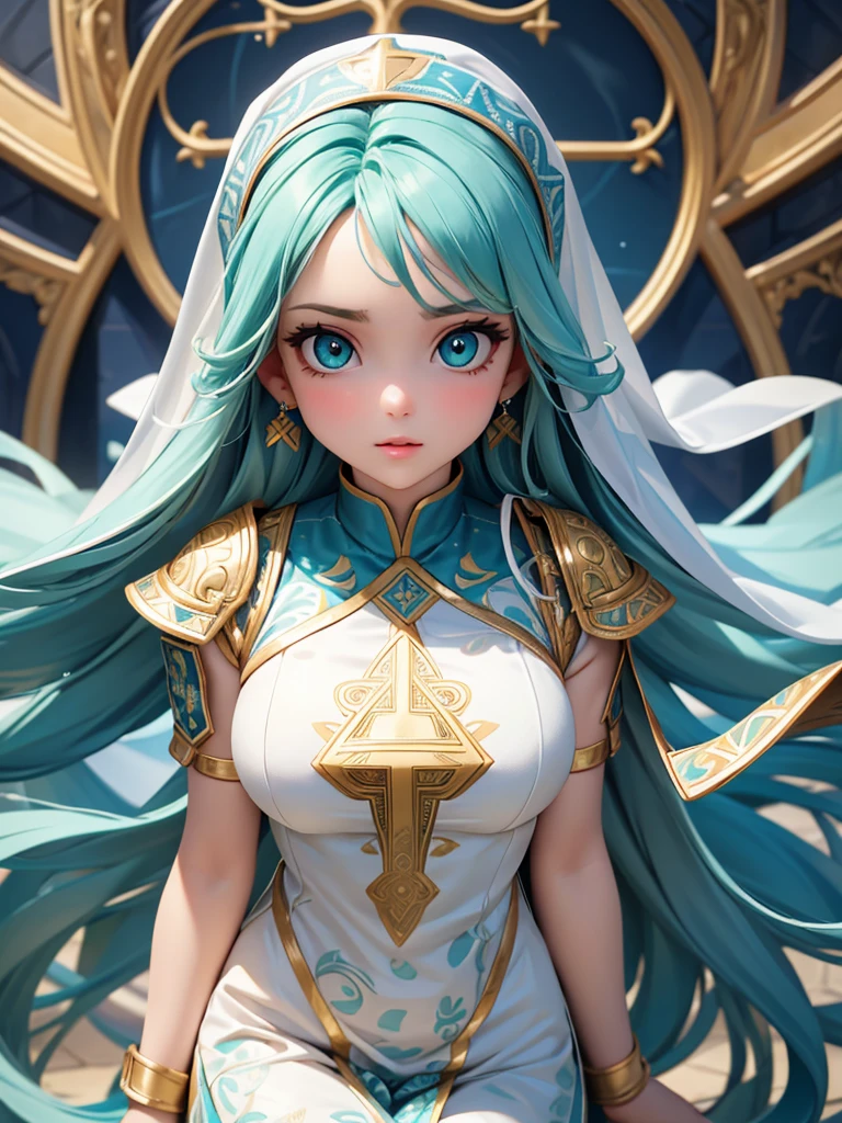 (best quality,4K,8K,high resolution,masterpiece:1.2),Super detailed,Future,Beautiful and delicate lake green eyes,Beautiful and delicate lips,extremely detailed face,super long hair,1 girl,Beautiful girl with aqua hair,Wearing military blue nun costume,Platinum nun&#39;s headscarf(Gorgeous gold pattern decoration),(complex pattern:1.4),Lovely,attractive,Ancient Church, portrait, delicate eyes, Luminous design clothes, glowing floating decoration, Luminous earrings, Reflective pupil,