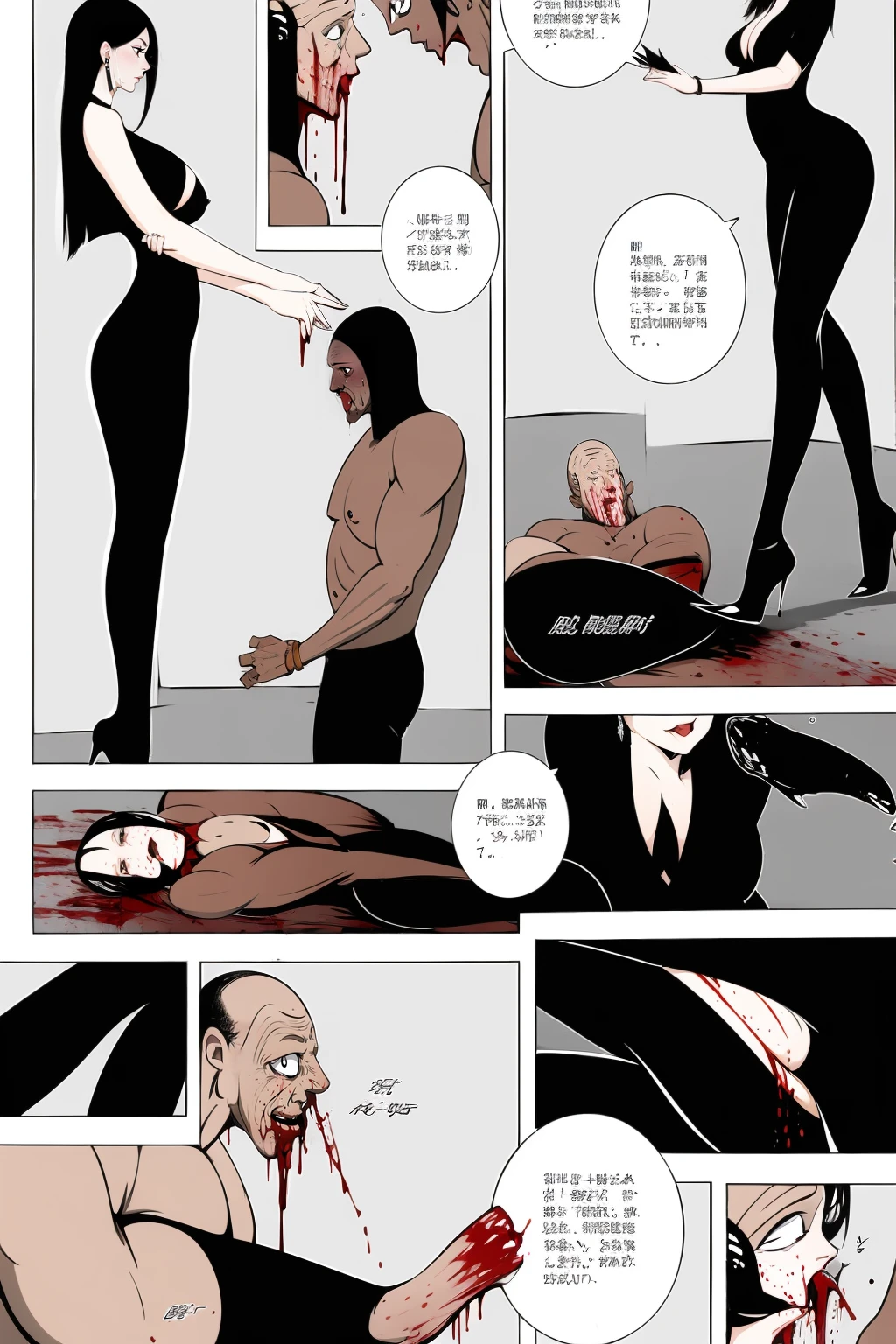 comic storyboard,anatomically correct,1beautiful girl, long hair,smile,barefoot,lace top,sexy, shiny leggings, thin gap,camel toe,high heels,cleavage,crossed legs,large breasts,leg tattoo,long hair,smile,toenails,) standing,trample,cuts,defloration,indoor,couple,femdom,hetero,saliva , mucus,femdom,blood on clothes,blood on hands,blood splatter,open mouth,kneeling man,sit,trembling man,dead man,sit,bruise man,lying man,man cum,bleeding man,(masterpiece, best quality:1.2)