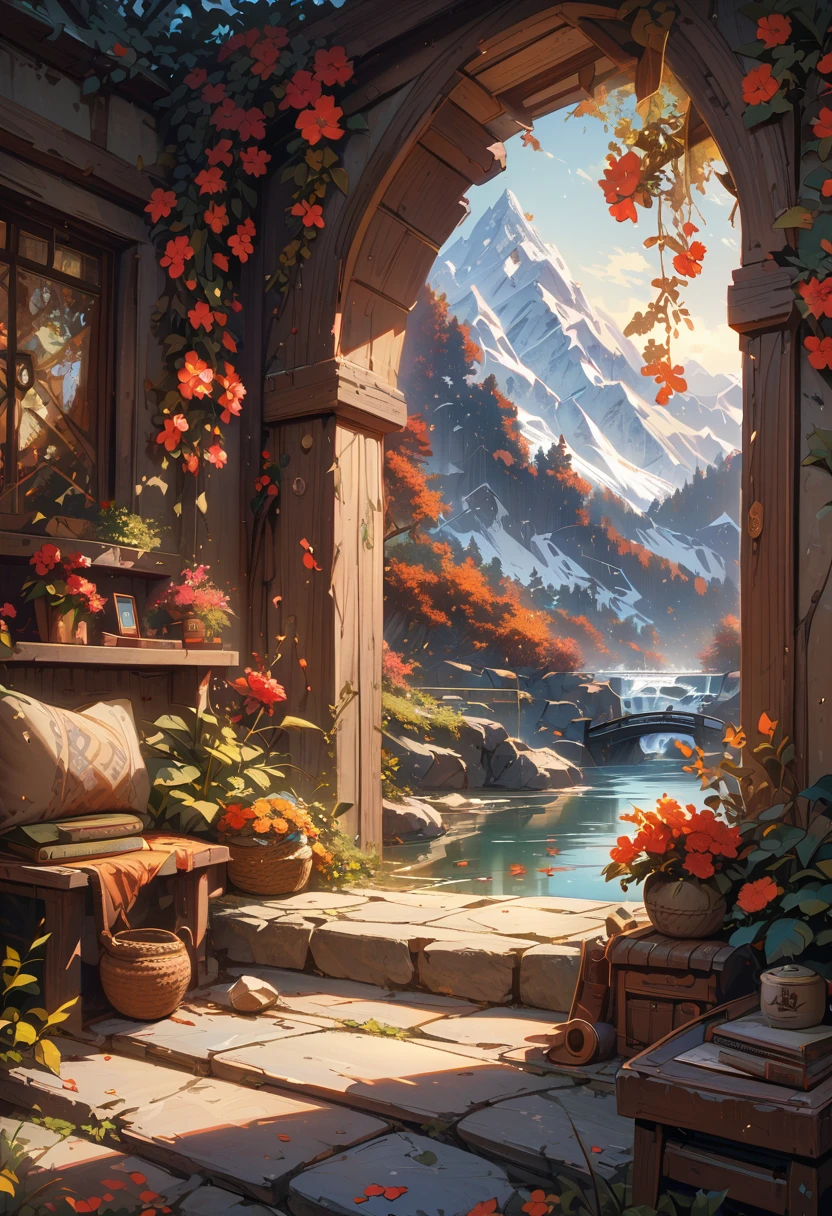 The scenery outside the window,snow mountain,Red plum,creek,8K,masterpiece,Ultra-fine,Rich details,realistic raytracing,OC Renderer First Person Perspective,(((masterpiece))), ((best quality)), ((intricate details)), ((surreal))(8K)