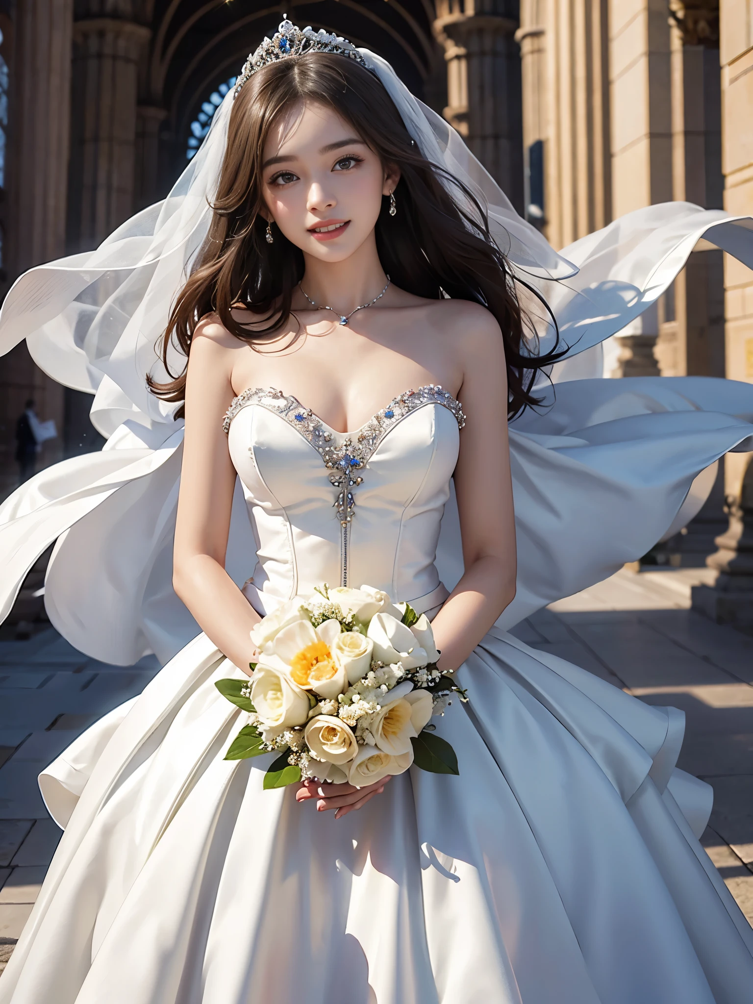 best quality, masterpiece, 1 girl, (huge laugh), cute , shiny lips, sweet, sun glare, Conservative attire, white gloves, bouquet, Bead material bell-line wedding dress, bridal tiara, depth of field, blurred background, Cathedral Background, light particles, strong wind, head tilt