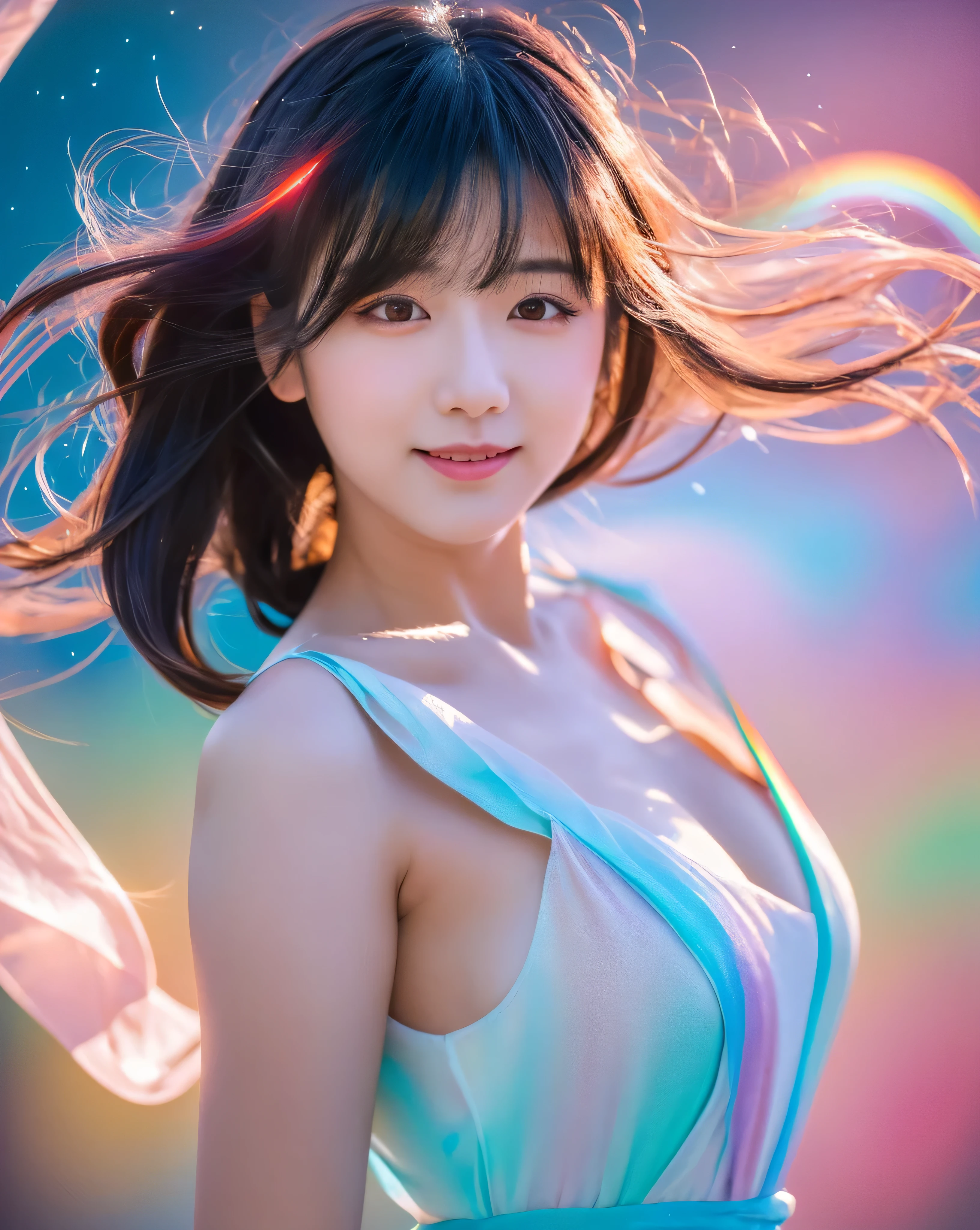 (highest quality, 32k, High resolution, masterpiece:1.5,), Haunting fantasy photography in abstract style, ((In a swirl of fantastic pastel colors and soft light)), Evoking a sense of soothing tranquility and elusive beauty, Award-winning masterpiece with amazing details, cute japanese woman, ((whole body)), perfect human anatomy, big magical eyes, fleeting smile, ((Shiny, detailed black hair)), Ponytail messed up by the wind, Beautiful asymmetrical bangs, hair between eyes, smooth and soft skin, thin eyebrows, clear double eyelids, pale pink lips, ((red silk dress)), High resolution perfect clavicle, Beautiful chest in high resolution, High resolution of perfectly beautiful armpits, Slender body with plump breasts, ((Colorful sparkling light effects:1.3)), blue sea, Bright flowers blooming all over々:1.3, white sand beach, A beautiful rainbow in the sky, professional lighting, professional photographer, Professional models,mysterious