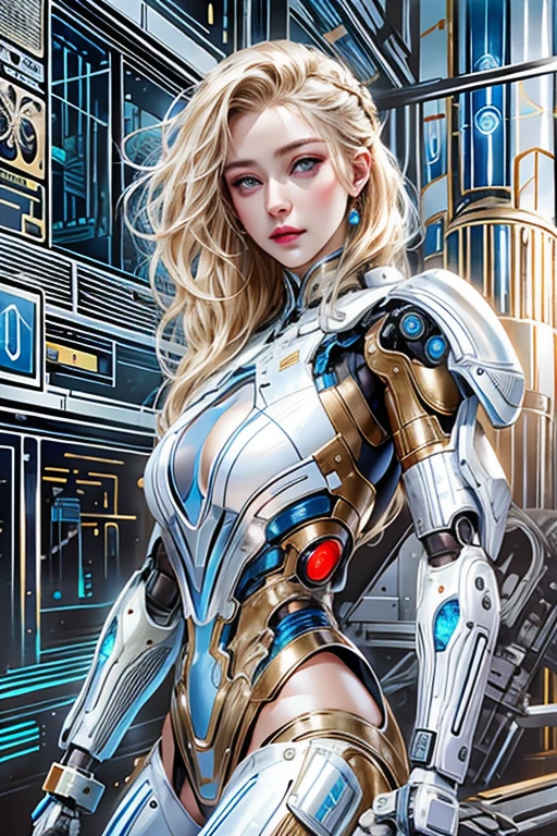 photorealistic, Realistic picture,Masterpiece,high resolution, woman ,have blue eyes, look at the viewer., (detailed face), has blue eyes,blonde hair, cybernetic robot,white body/metallic red/gold color,(The details of the outfit are perfect.) The background is a deserted city.