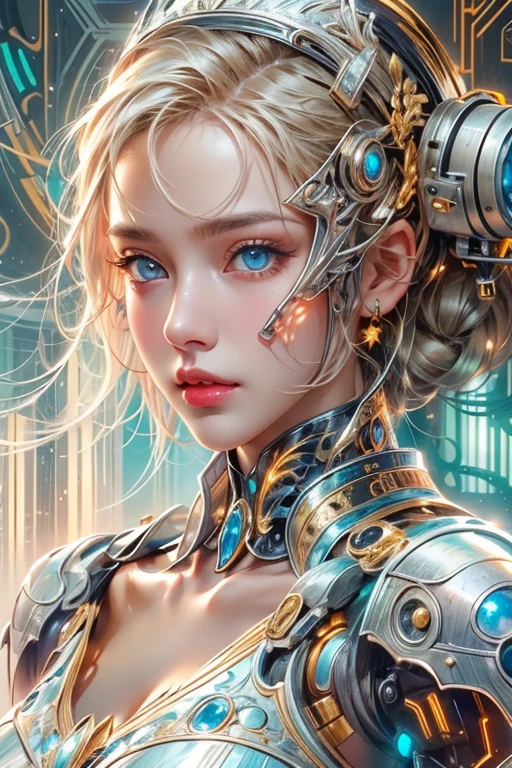photorealistic, Realistic picture,Masterpiece,high resolution, woman ,have blue eyes, look at the viewer., (detailed face), has blue eyes,blonde hair, cybernetic robot,white body/metallic red/gold color,(The details of the outfit are perfect.) The background is a deserted city.