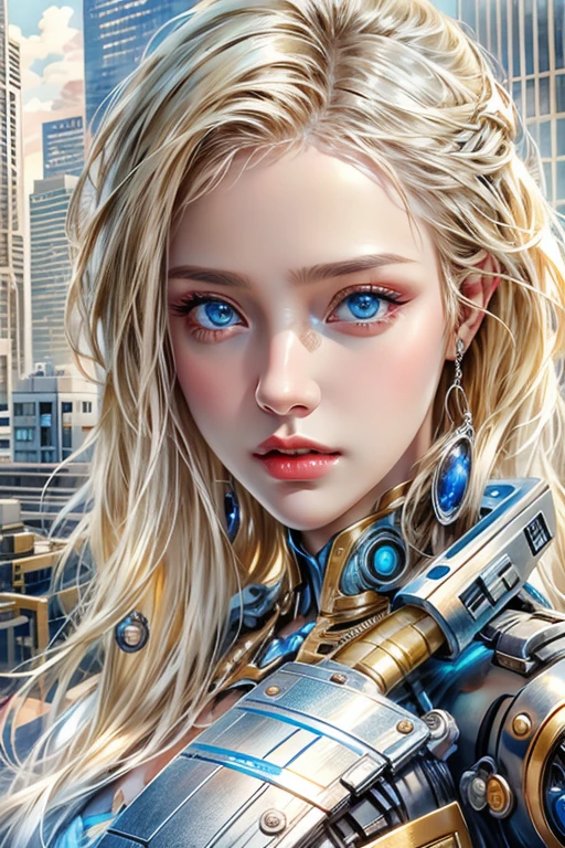 photorealistic, Realistic picture,Masterpiece,high resolution, woman ,have blue eyes, look at the viewer., (detailed face), has blue eyes,blonde hair, cybernetic robot,white body/metallic red/gold color,(The details of the outfit are perfect.) The background is a deserted city.