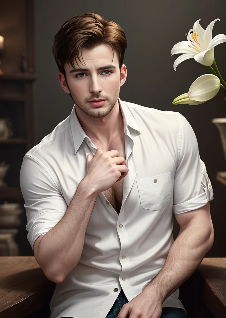 Chris Evans 20s handsome, short hair, messy hair, flirty, provocative, white shirt, holding a lily, atmosphere, 8K, real photo, (authenticity: 1.3) photorealistic