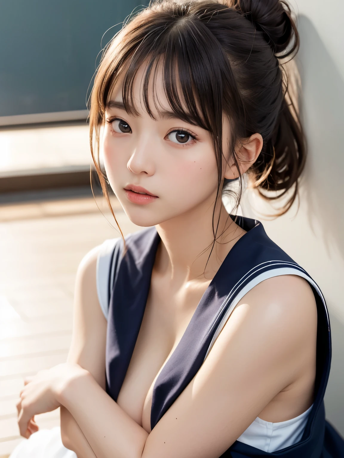 highest quality、professional portrait、professional writing、 Detailed workmanship、high resolution、(8K, High resolution:1.2)、(RAW photo, photorealistic:1.3)、masterpiece、slender body shape、high definition face、Face is in focus、high definition eyes、(Focused, symmetrical pupils:1.2)、High-definition and beautiful skin、firm skin、natural makeup、gross lip, High-definition hair texture、 (Japanese high school girl)、unparalleled beauty、17 years old、cute, hair bun, classroom、(sailor suit:1.3), (near the wall, sitting on the floor:1.2), (hugging own breast tightly with arms:1.3), very cute, (very embarrassed:1.3), (blush:1.1), (afraid:1.3), Strange look、Looking up at the camera:1.2、(shirt front open:1.2), (cleavage, nsfw), nipples