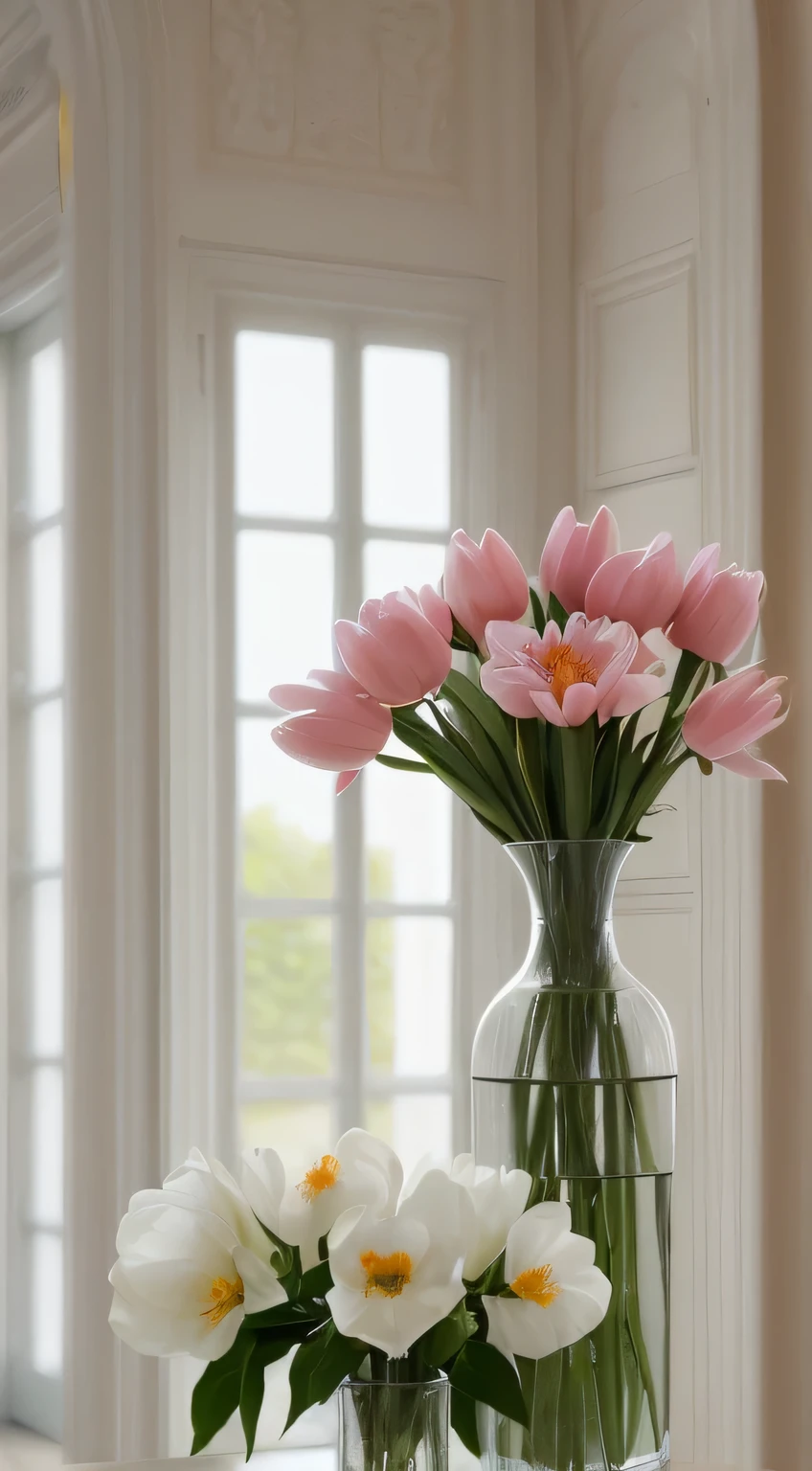 "(best quality,highres,masterpiece:1.2),dramatic lighting,cinematic,ideal,white table,inside the orangery,spring flowers,vase,illustrated card"