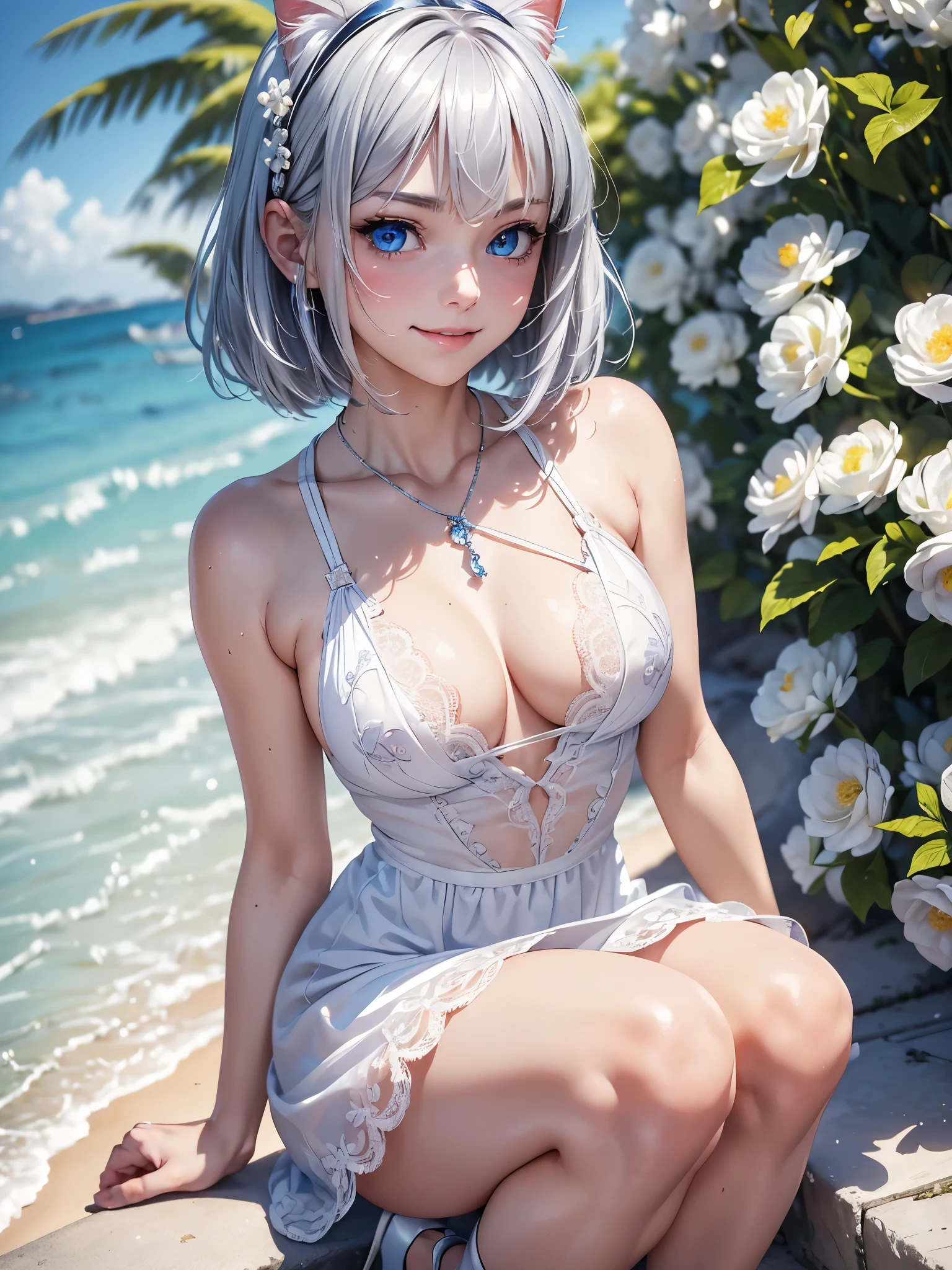 (masterpiece:1.3), (8K、photorealistic, Raw photo, best quality:1.4), (1 girl), (solo), ( beautiful silver-haired Scandinavian girl), (Very beautiful and attractive woman, beautiful silver hair、intense blue eyes, strong eye highlights), (cute, little:1.5), (very beautiful face:1.5), (Beautiful face with perfect symmetry:1.2), (cute face:1.5), (wonderful smile:1.2), (perfect anatomy), (high detail skin: 1.2), (natural breasts), (beautiful thighs), (Intense blue eyes), (Beautiful silver hair bob cut), crossed bangs, asymmetrical bangs, lip gloss, (accurate arm, five fingers, accurate legs), (Detailed white dress, mini skirt:1.2), (The dress features white detailed lace., Decorated with silver embroidery), (Silver decorative headband, necklace), (Stylish high heels), Attractive, ultra high resolution, Super realistic, extremely detailed, golden ratio, Photorealistic anime girl rendering, Realistic anime 3D style, look at viewer, Summer coastal resort, Beautiful sea and flower background, ((beautiful smile)), (Cat ear)