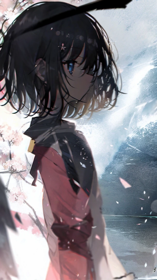 Product illustration of a girl in the rain,cherry blossoms,water中で,water,black hair,short bob,playing in the river