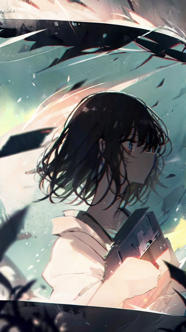 Product illustration of a girl in the rain,cherry blossoms,water中で,water,black hair,short bob,playing in the river