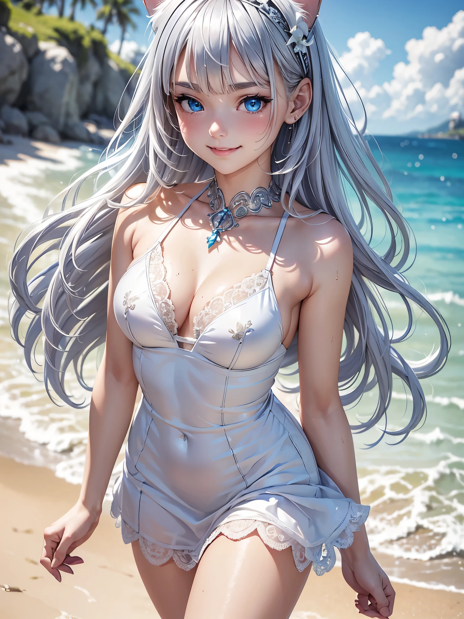 (masterpiece:1.3), (8K、photorealistic, Raw photo, best quality:1.4), (1 girl), (solo), ( old beautiful silver-haired Scandinavian girl), (Very beautiful and attractive woman, beautiful silver hair、intense blue eyes, strong eye highlights), (cute, little:1.5), (very beautiful face:1.5), (Beautiful face with perfect symmetry:1.2), (cute face:1.5), (wonderful smile:1.2), (perfect anatomy), (high detail skin: 1.2), (natural breasts), (beautiful thighs), (Intense blue eyes), (Beautiful silver hair bob cut), crossed bangs, asymmetrical bangs, lip gloss, (accurate arm, five fingers, accurate legs), (Detailed white dress, mini skirt:1.2), (The dress features white detailed lace., Decorated with silver embroidery), (Silver decorative headband, necklace), (Stylish high heels), Attractive, ultra high resolution, Super realistic, extremely detailed, golden ratio, Photorealistic anime girl rendering, Realistic anime 3D style, look at viewer, Summer coastal resort, Beautiful sea and flower background, ((beautiful smile)), (Cat ear)