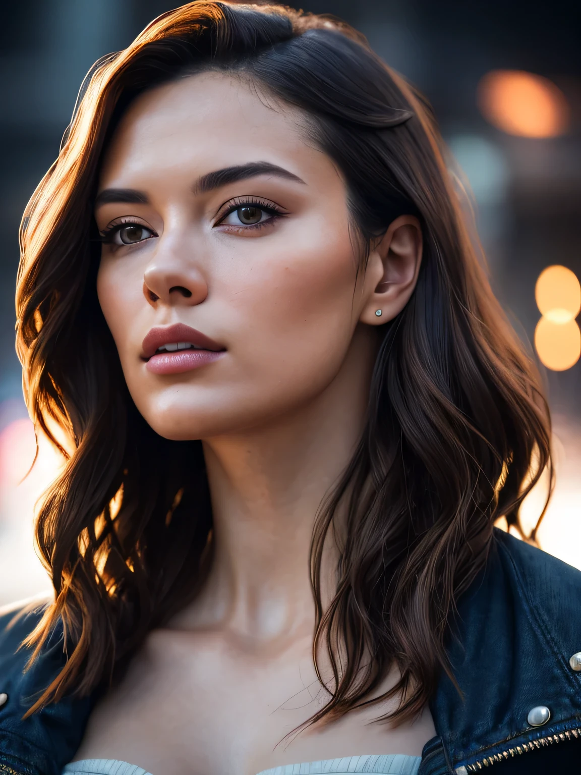 Full face portrait photo of a 25-year-old European girl, RAW, beautiful woman, semi-open strawberry lips, dimples, wistful look, (extra long wavy brown hair), ((detailed face)), ((detailed facial features)), (finely detailed skin), pale skin, (deep neckline detailed high-tech cyberpunk dress), cyberpunk megacity environment, (cool colors), damp, damp, reflections, (masterpiece) (perfect proportion)(realistic photo)(best quality) (detailed) shot on a Canon EOS R5, 50mm lens, F/2.8, HDR, (8k) (wallpaper) (cinematic lighting) (dramatic lighting) (sharp focus) (intricate), RAW photo, RAW photo, gigachad photo, posing for camera, black jeans, back arms, 8k uhd, dslr, high quality, grain film, Fujifilm XT3, film stock photography 4 kodak portra 400 camera f1.6 lens rich colors hyper realistic texture dramatic lighting unrealengine trend in artstation cinestill 800 tungsten, toughboy style, ultra focus face, intimidating, in fighting position, short messy hair, muscular, bursting veins, beaded