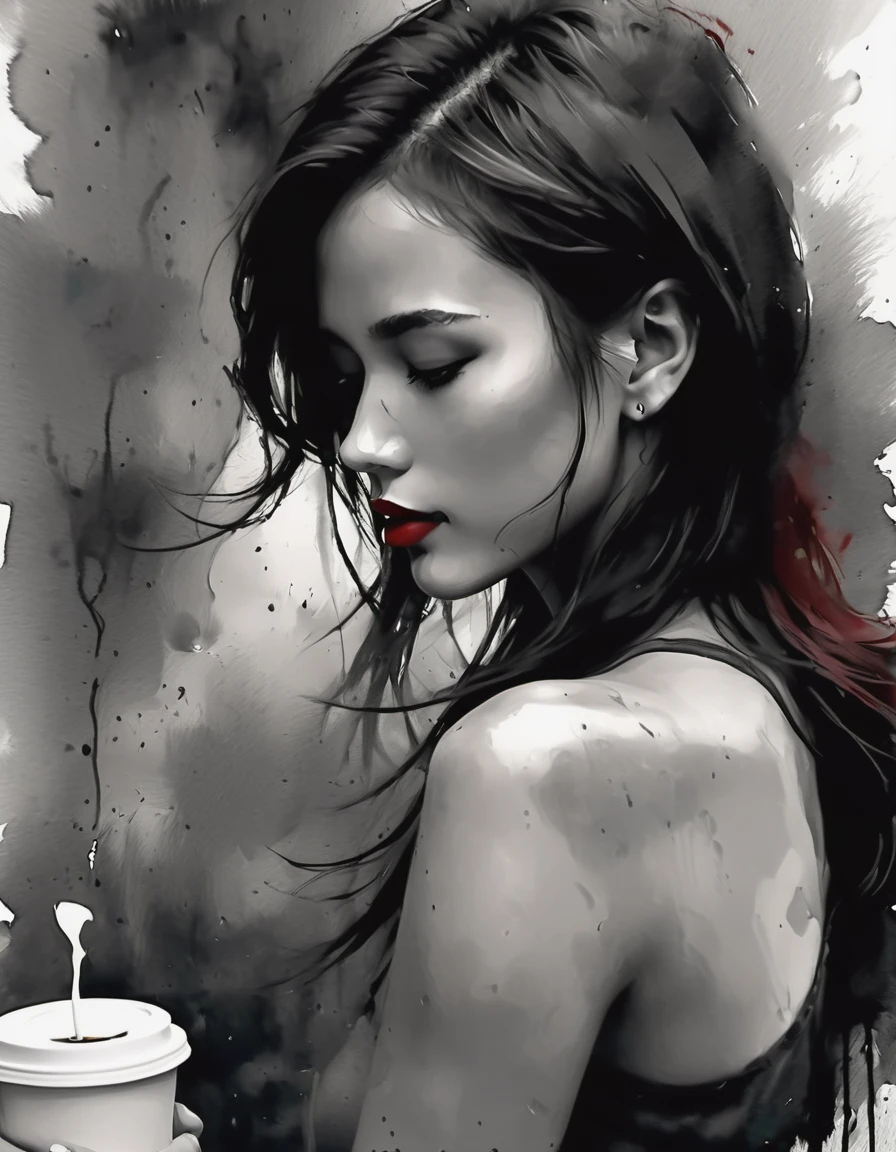 (Best quality, A high resolution, masterpiece :1.3), beautiful woman, a slim body, Dark brown hair,  sipping coffee by the window on an overcast morning, detailed rough charcoal sketch in Eric Wallis style, Benedick Bana triadic colours palette, film grain texture, she's wearing a thin white tank top with a transparent finish, dark red lips standout against her skin, blonde hair cut into a sharp square, noir-like digital painting in the fashion of ink fine art, the square window frames the scene revealing a close