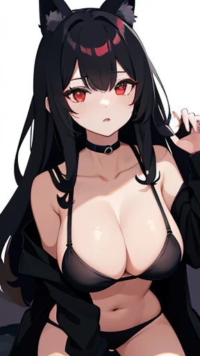 black fox girl , red eyes , long hair , black bra , black underwear , black coat , black boots