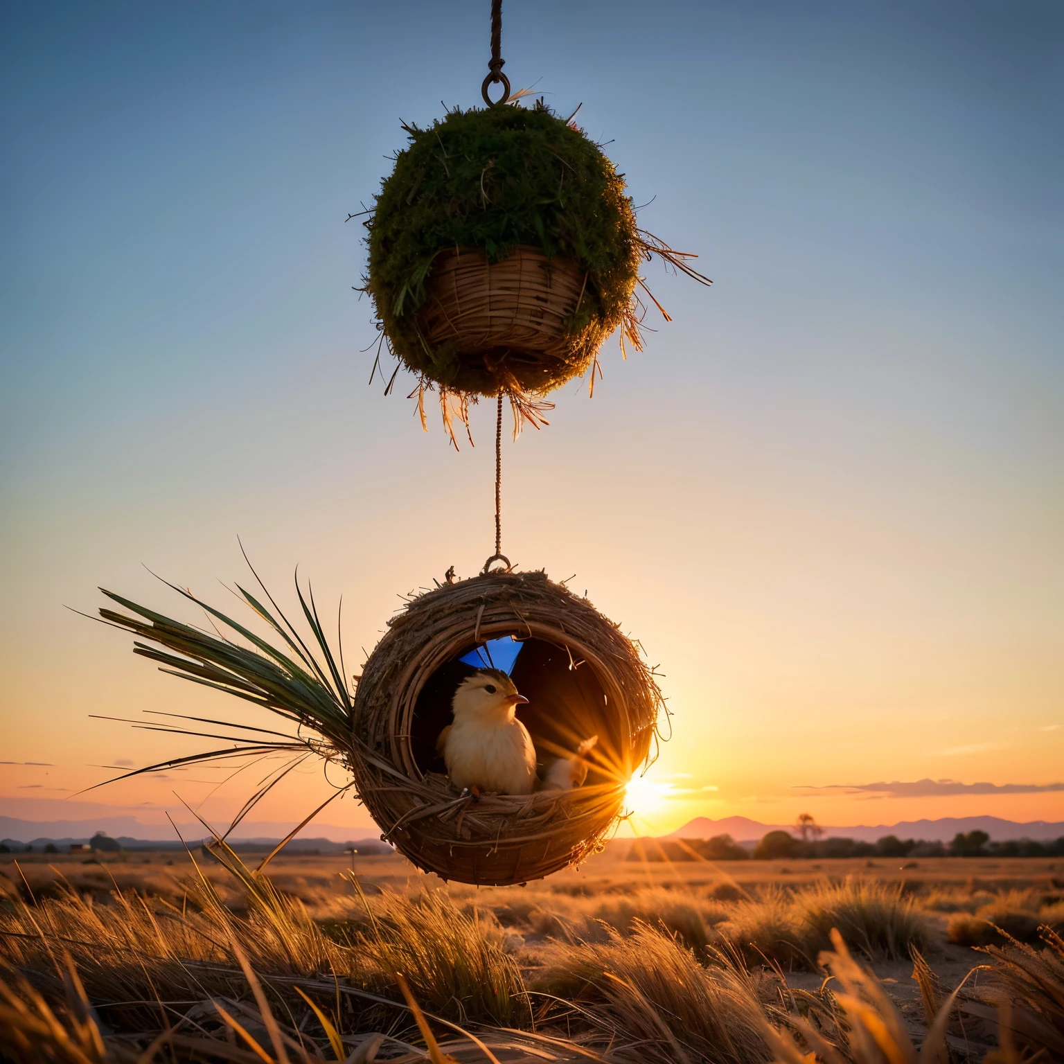 A bird's Nesting hanging made of dry Grass,nature,Nestings,bird,realistic,hanging,natureな色,sunset lighting,Bright colors,detailed Grass,Fine feathers，high quality,Super detailed,photorealistic,Nature Tags: bird, Nesting, Grass, hanging, sunset color.