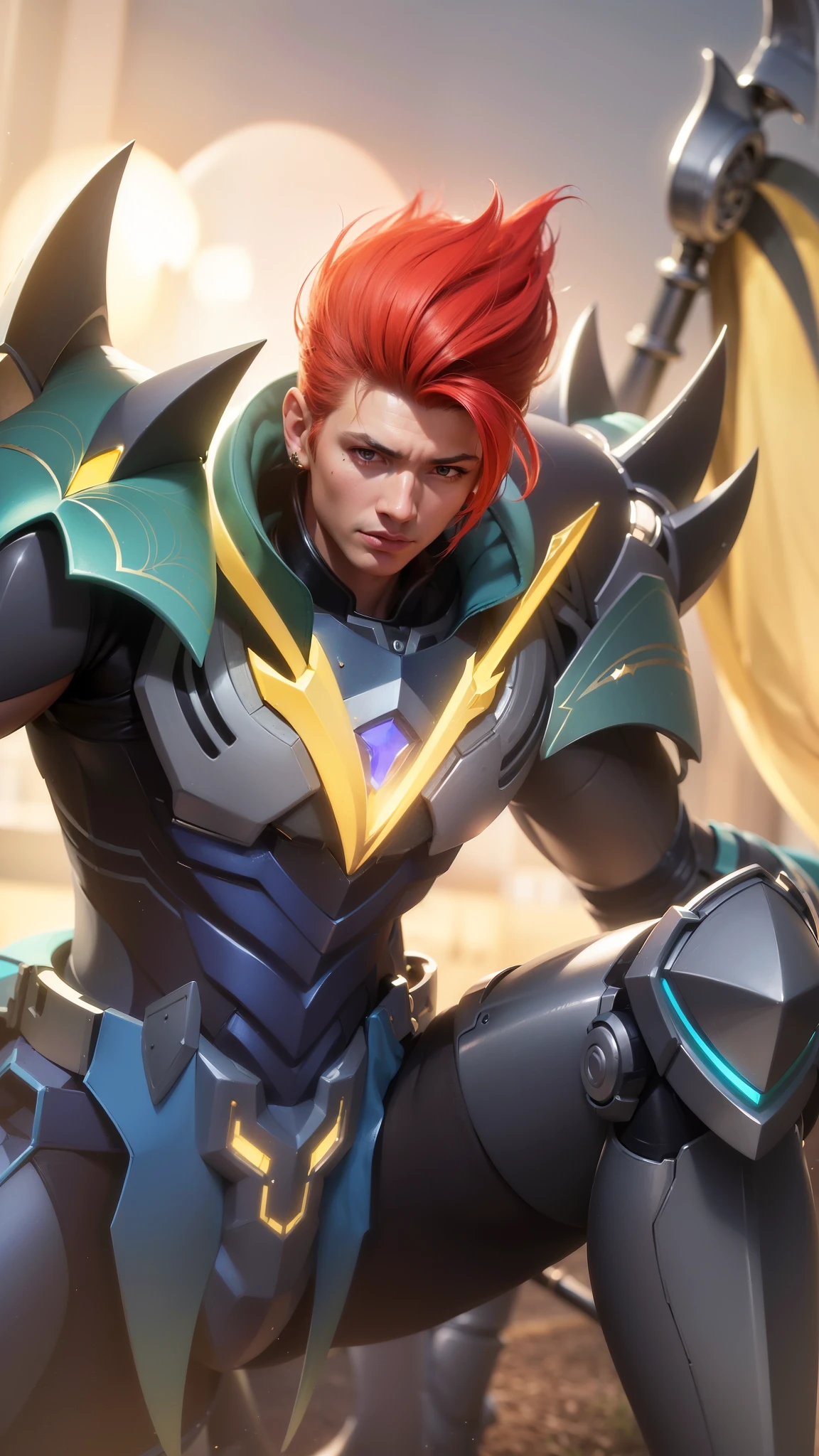 1 boy wears an ear shield, 19 years old, a close up of a person with a sword and armor, kda, gold paladin, portrait of dragoon, dragon knight, mobile legends, sigma male, artgrem, 8k, ultra hd, ultra detailed texture, hyper realistic, masterpiece, detailed texture, detailed face, detailed skin, detailed lighting, (photorealistic:1.5), best quality, beautiful lighting, cinematic lighting, professional lighting, ultra highres, realistic, detailed hair, real hair, high quality, (realskin:1.5), extremely detailed, finely detail, ultra-detailed, strong red eyes, glare.
