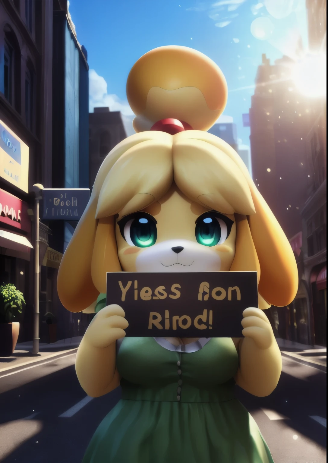 (author：Mizujin East, From Youki029, author：Hinata Sakamoto, Protect animals),
Only chibi (Isabelle \(Protect animals\):1.25),
(Green Pattern Set, green dress, round eyes, sparkling eyes), (Holding a sign, "Yes":1.5),
(permanent, bust portrait, Front view, looking at the audience:1.25),
rest,
(storefront, City, plant, sky:1.25),
(Detailed background, depth of field, shadow, Sunlight, environment silhouette, backlight),
masterpiece, best quality, Surreal, 4K, 2k, (high detail:1.25),
(3d \(artwork\):1.2), mixer \(Software\), soft focus,
Ray tracing, (Unreal Engine:1.3), Ridiculous resources