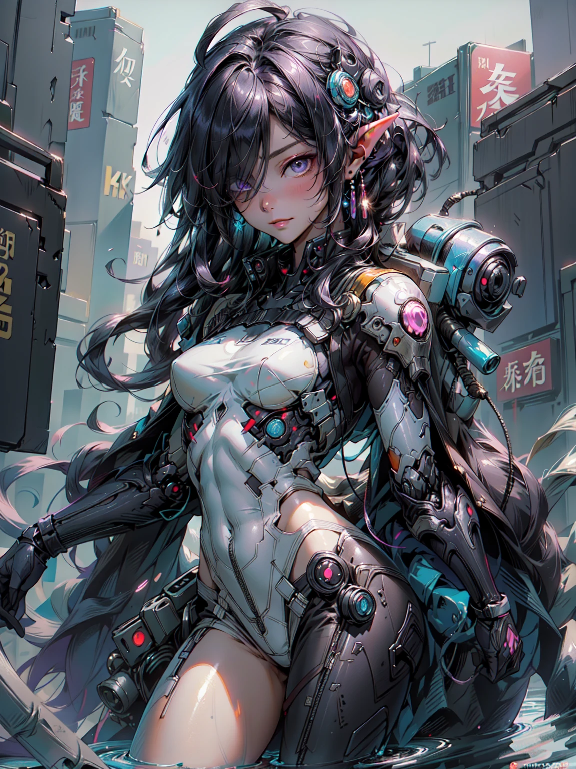 ((masterpiece)), (highest quality), (highest quality), ((Super be familiar with, 8K quality)), aesthetics, cinematic lighting, (be familiar withな線画), confused, (Optimal configuration), (High resolution), Watercolor paints, calm colors, warm colors, highest quality, delicate brushstrokes, 
Blake、
cyberpunk dark elf woman,  wearing japanese tech wear, black harajuku fashion, cyberpunk streetwear, wearing cyberpunk streetwear, tech wear, Armored Organic Cyborg,  Mecha_musume,  be familiar withな布, and装甲テクスチャ, 彼女はandても(relaxed) and(Calm down) exterior, contrasting, cowboy shot, dutch angle, golden ratio,  Dramatic movie atmosphere, fantasy, Complex, elegant, very be familiar with, 生き生きandした, realistic,  art station, shape, concept art, Smooth, sharp focus, Cyberpunk-style brush painting by Yoji Shinkawa, by Mikimoto Haruhiko, by types of bacteria,
Blake、
very be familiar with of (dark elf), (1 girl), alone, perfect face, be familiar with, Ahoge, ((long hair:1.2)), (hair above one eye:1.3), [[messy hair]], Shiny blonde white hair, purple eyes, 色andりどりの目, 色andりどりの髪, shining eyes, (eyelash, eye shadow, pink eye shadow), bright, smile, design art by Mikimoto Haruhiko, by Kawashi, By Yoshitaka Amano,
Blake、
((perfect anatomy)), perfect body, abs, Medium chest, (perfect hands), perfect face, beautiful face, beautiful eyes, perfect eyes, (perfect fingers, thin fingers), correct anatomy, ((black skin:1.2)),
Blake、
Watercolor paints, calm colors, warm colors, highest quality, delicate brushstrokes,Picture background, abandoned building, Some are submerged in water, bubble, bubble water, splash water, Cyberpunk industry in neon lights, ケーブルandパイプ, ventilation duct, Police Line, (Depth of written boundary:1.2), (blurred background:1.2), Haruhiko Mikimoto&#39;style, types of bacteria, Kentaro Miura style, Haruhiko Mikimoto&#39;style, types of bacteria, Kentaro Miura style,